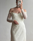Vintage 90s Pure Silk Chiffon Empire Bow Off Shoulder Wedding Dress