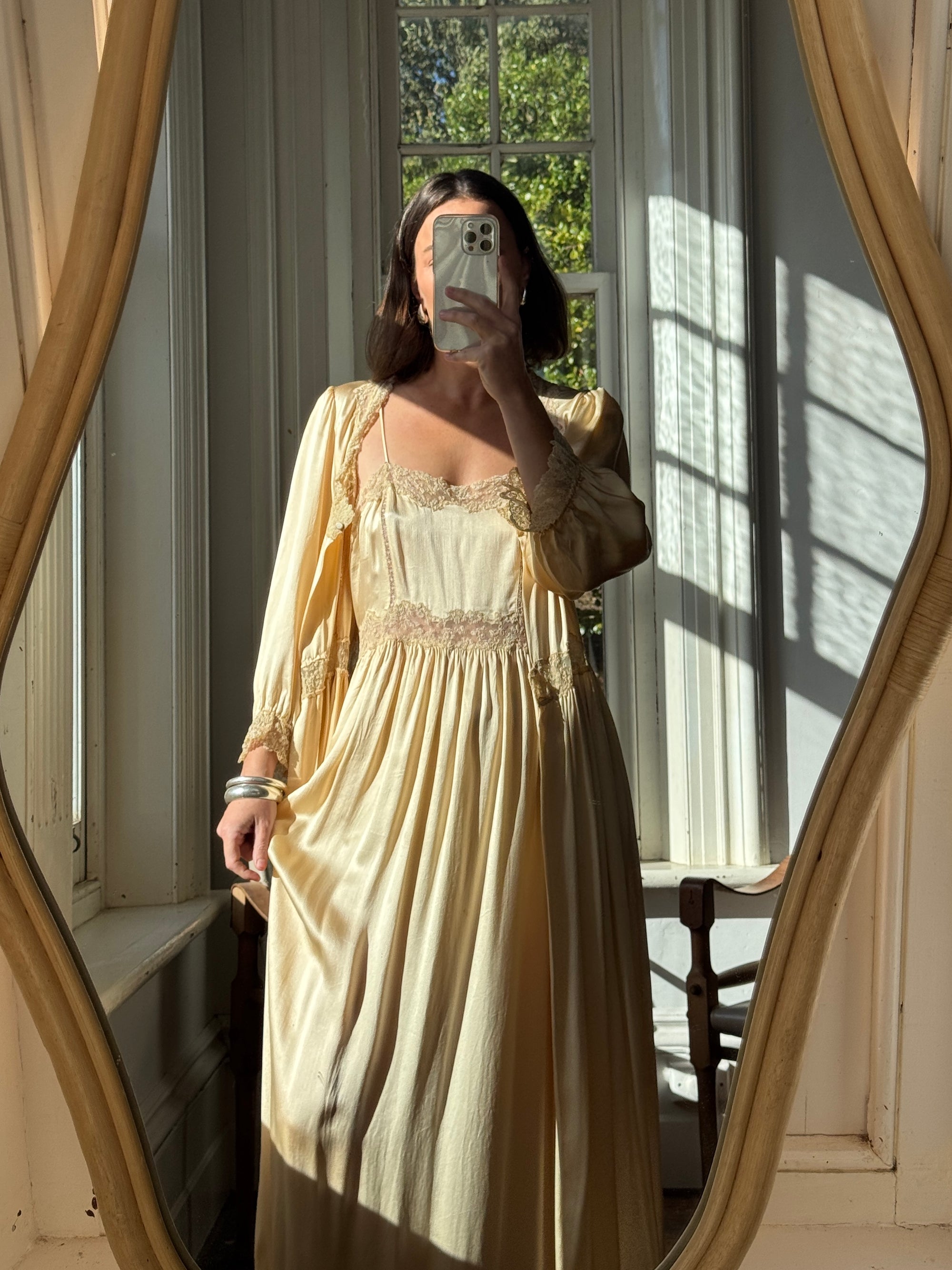 Vintage 70s Pure Silk Peignoir and Slip Butterscotch