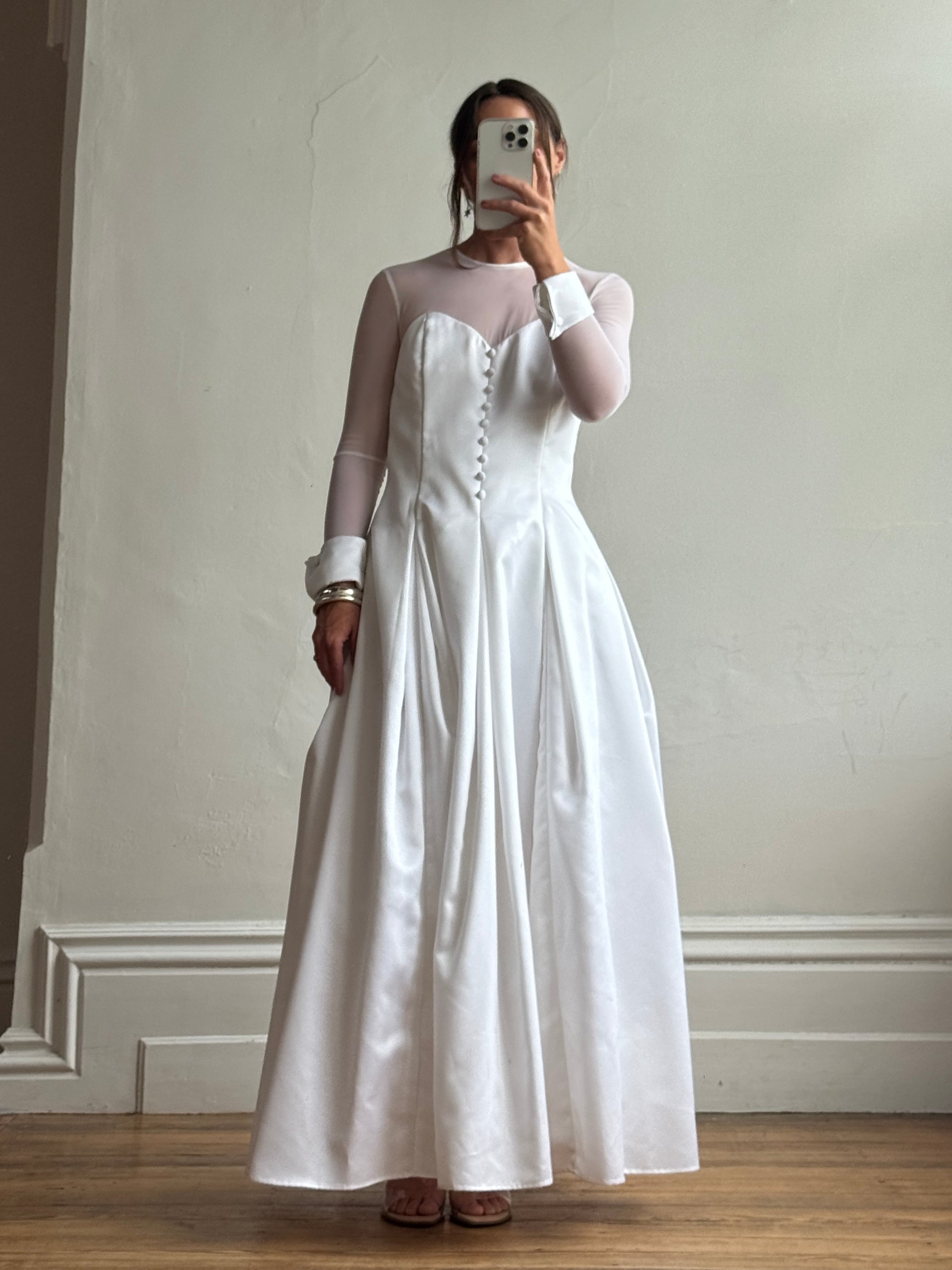 Vintage 90s Tailored Mesh Long Sleeved Wedding Gown