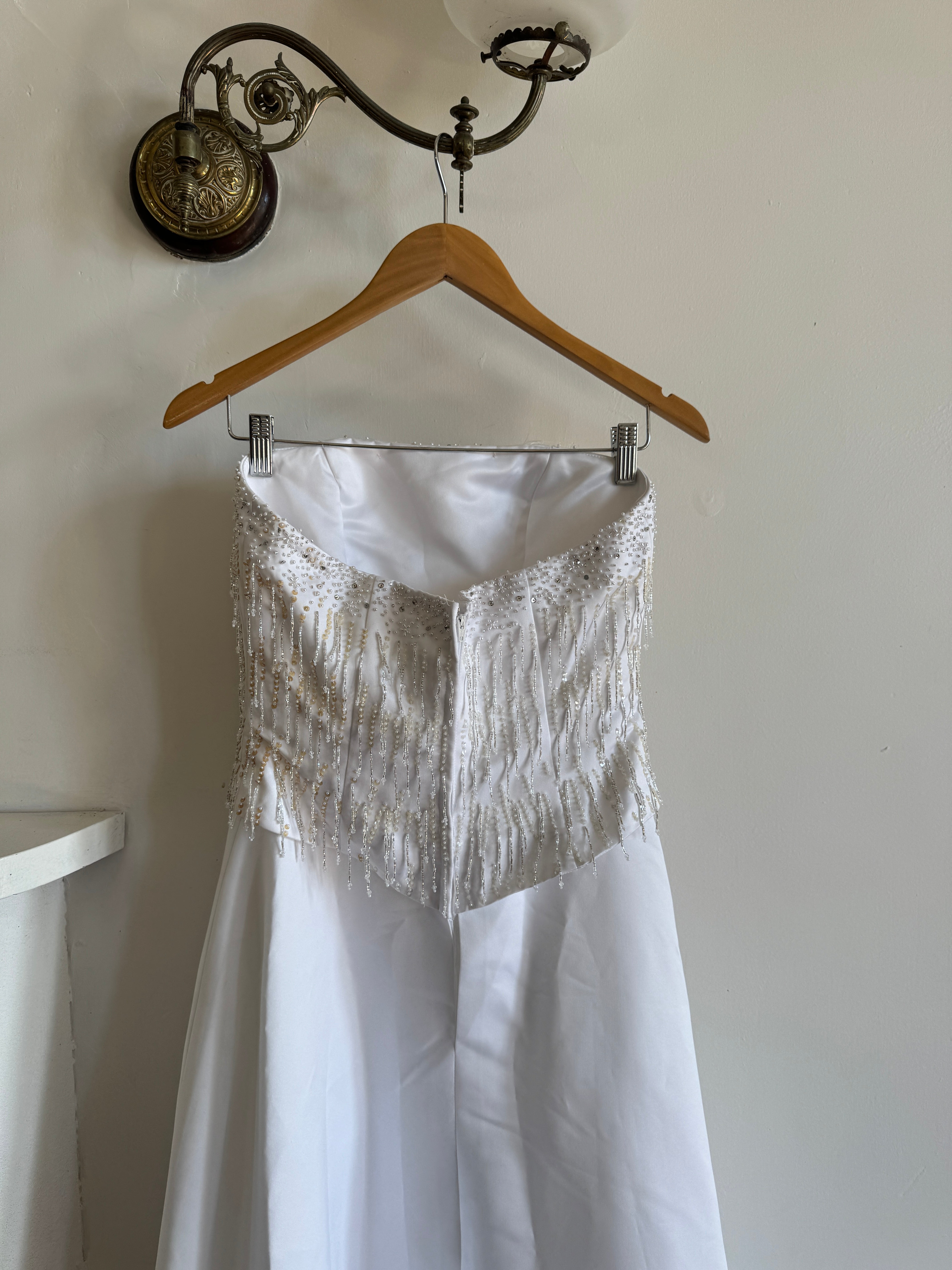 Vintage 90s Beaded Tassel Strapless Satin Wedding Gown