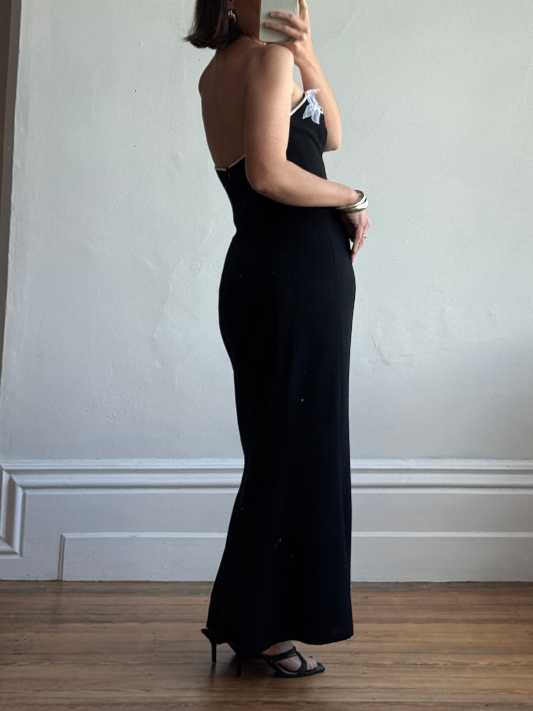 Vintage 90s Black Mermaid Dress with White Organza Flower Applique