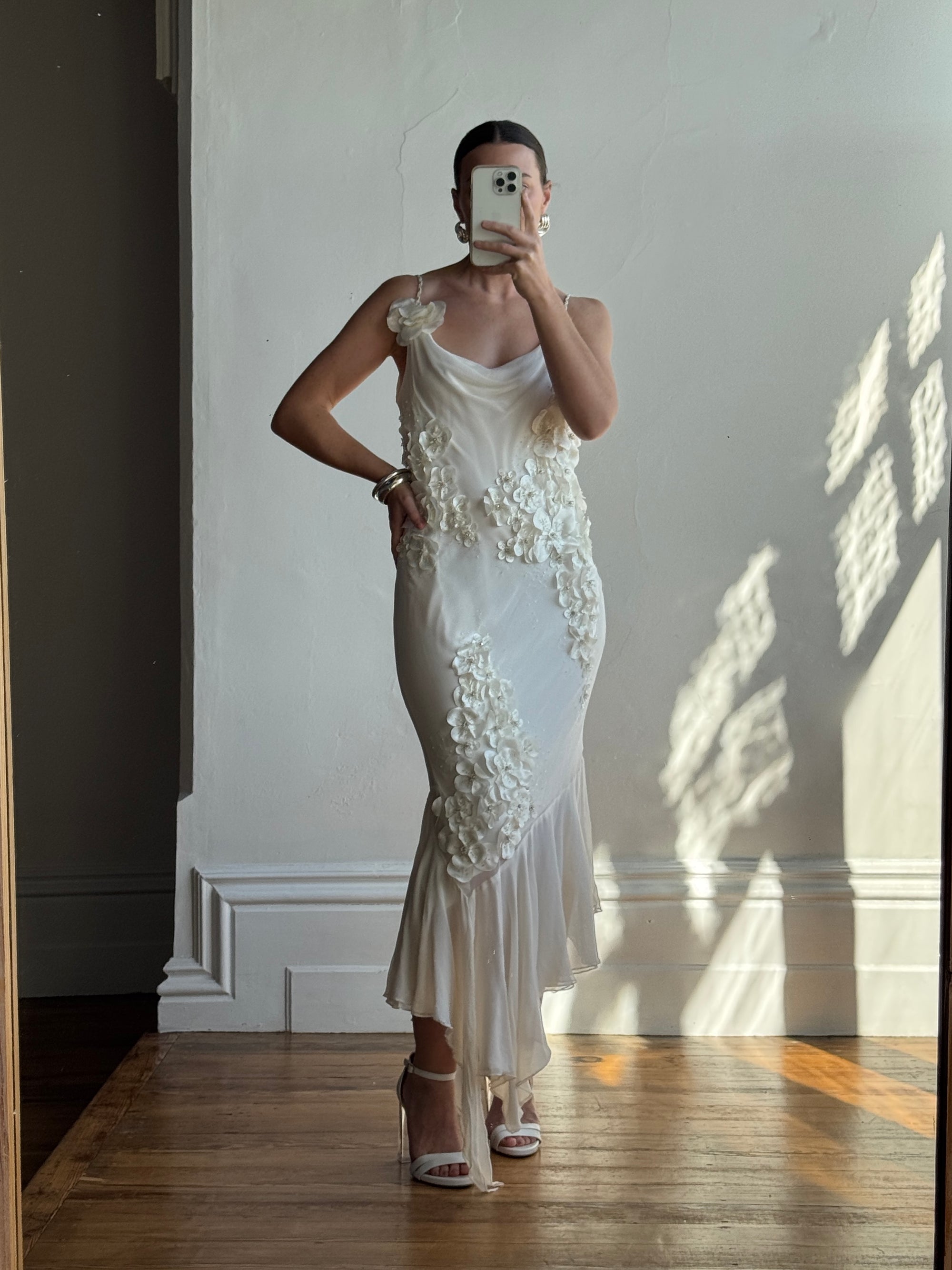 Vintage 90s Pure Silk 3D Floral Fairy Dress Ivory