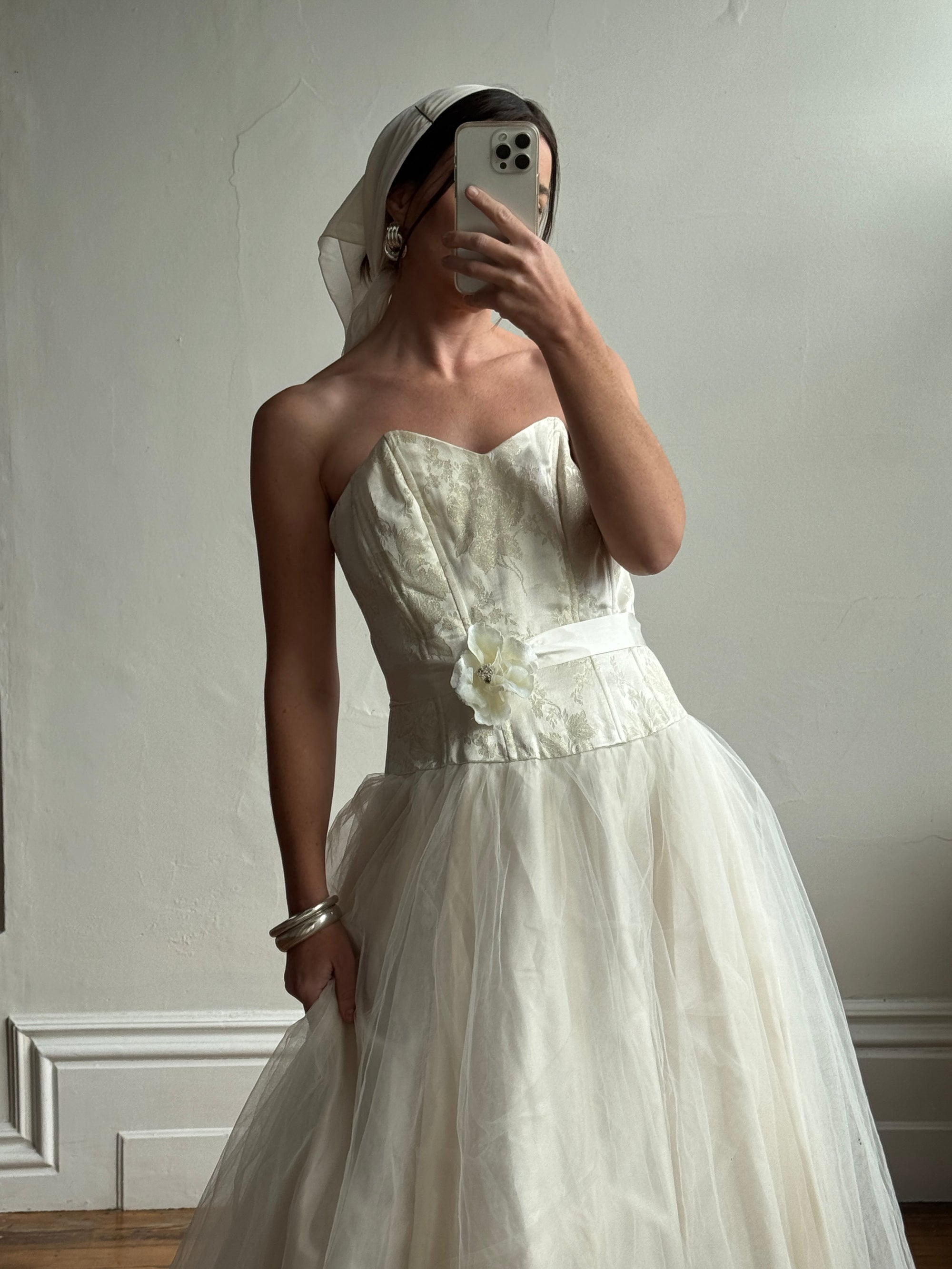 Vintage 50s Gold Brocade and Tulle Wedding Gown