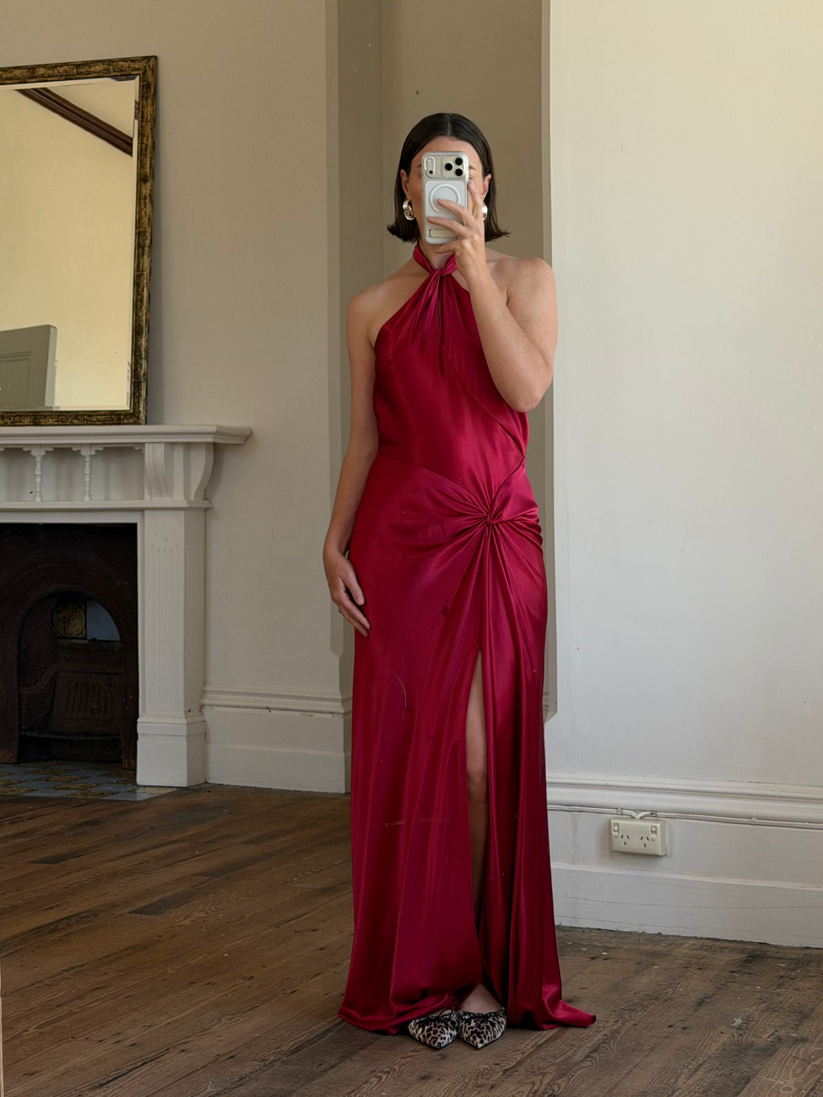 Vintage 90s Crimson Satin Ruched Bias Gown