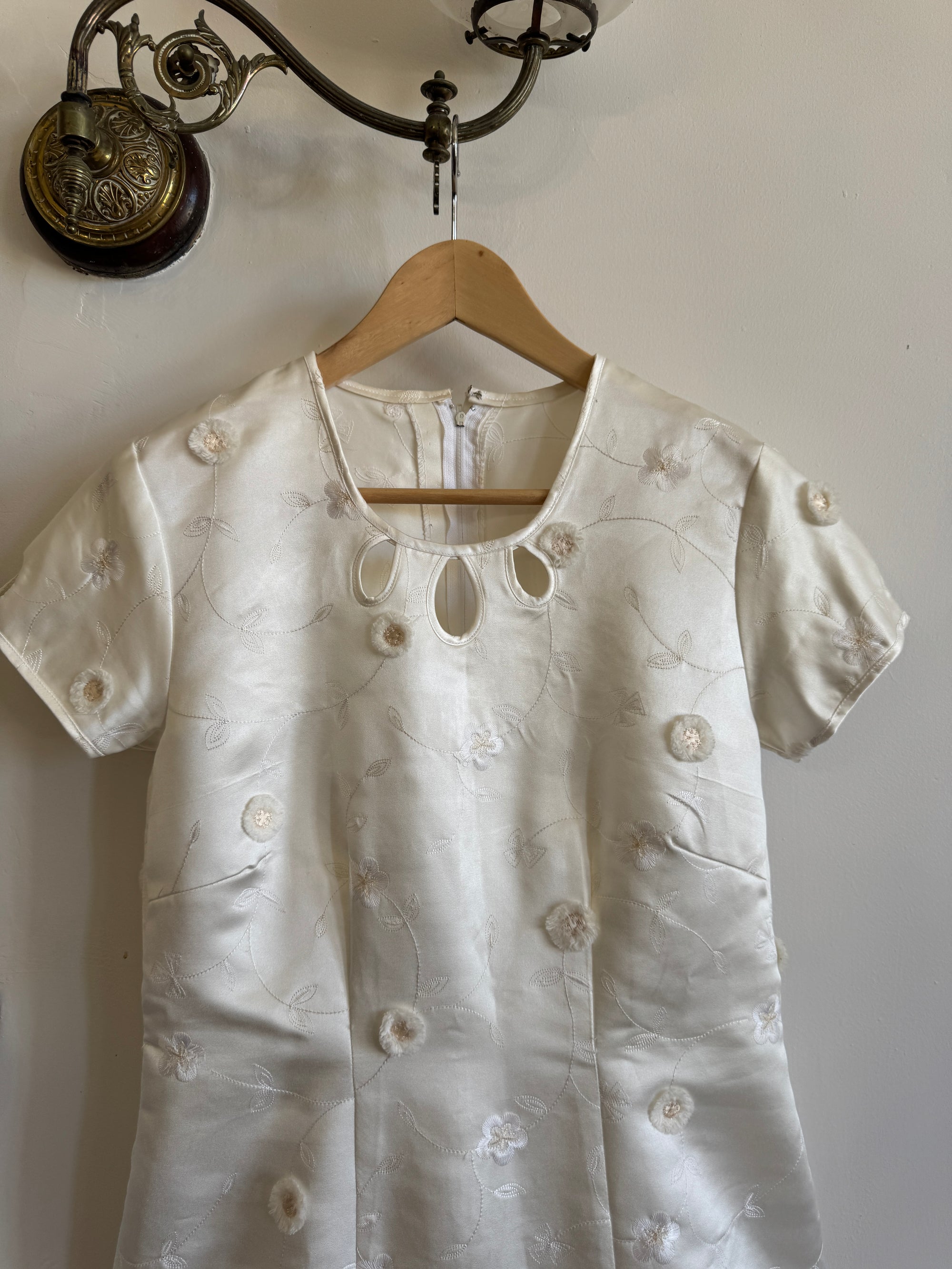 Vintage Ivory Satin Keyhole Embroidered Bridal Mini Dress