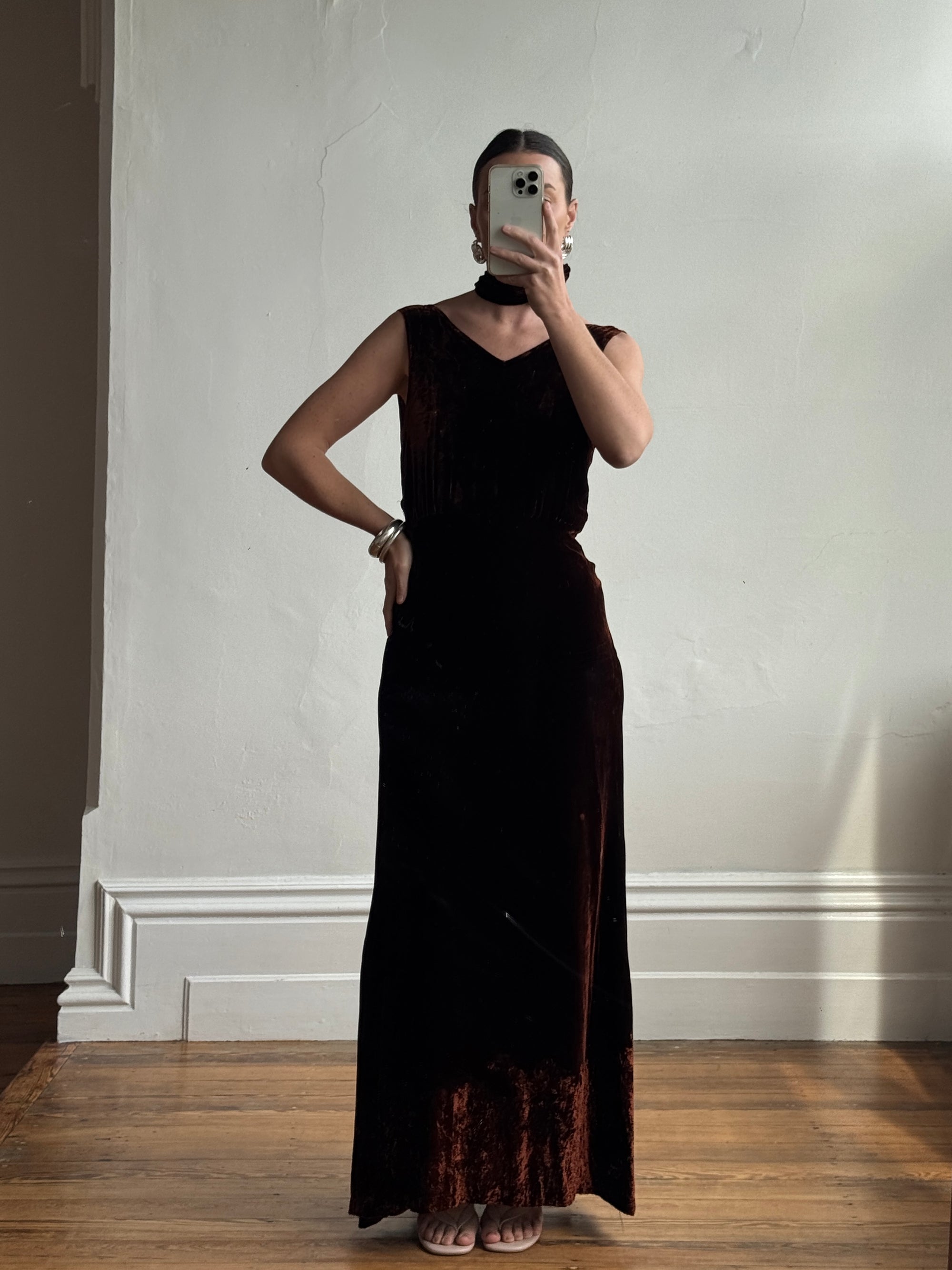 Vintage 30s Brown Velvet Bias Cut Dress With Rosette tie