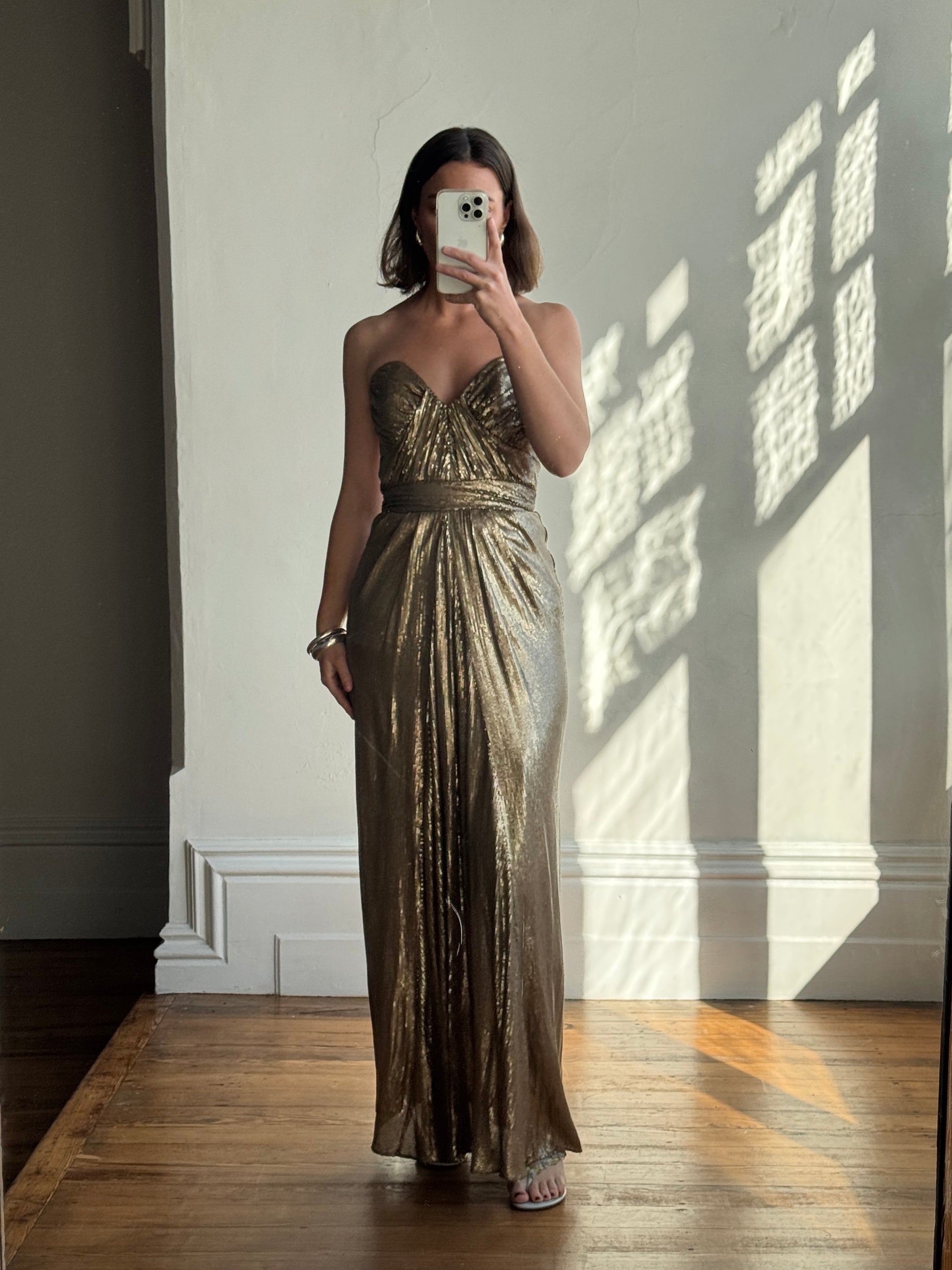Vintage Y2K Plunging Golden Sequin Prom Dress