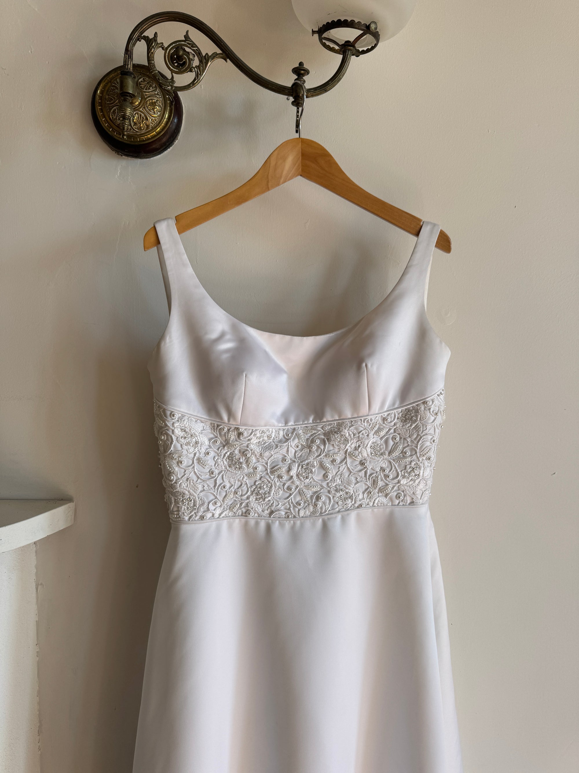 Vintage 90s Scoop Neck Beaded Satin Wedding Gown
