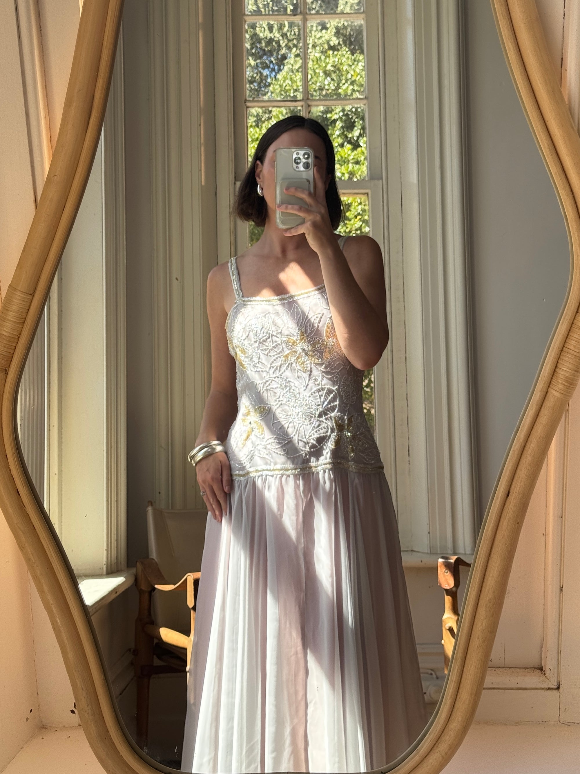Vintage 70s Drop Waist Beaded Dress Sunrise Lilac