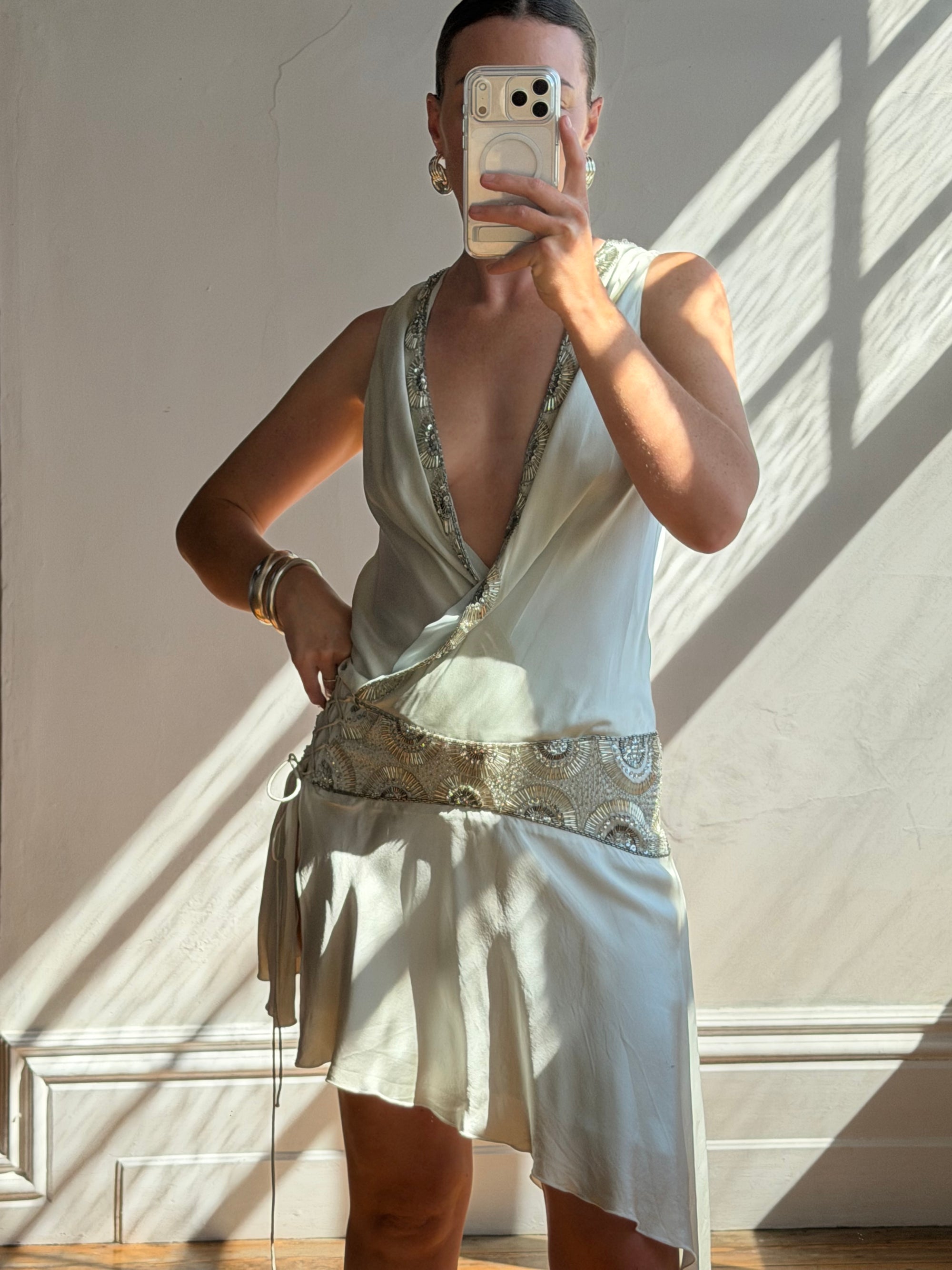 Vintage Y2K Pure Silk Drop Waist Beaded Mini Ice