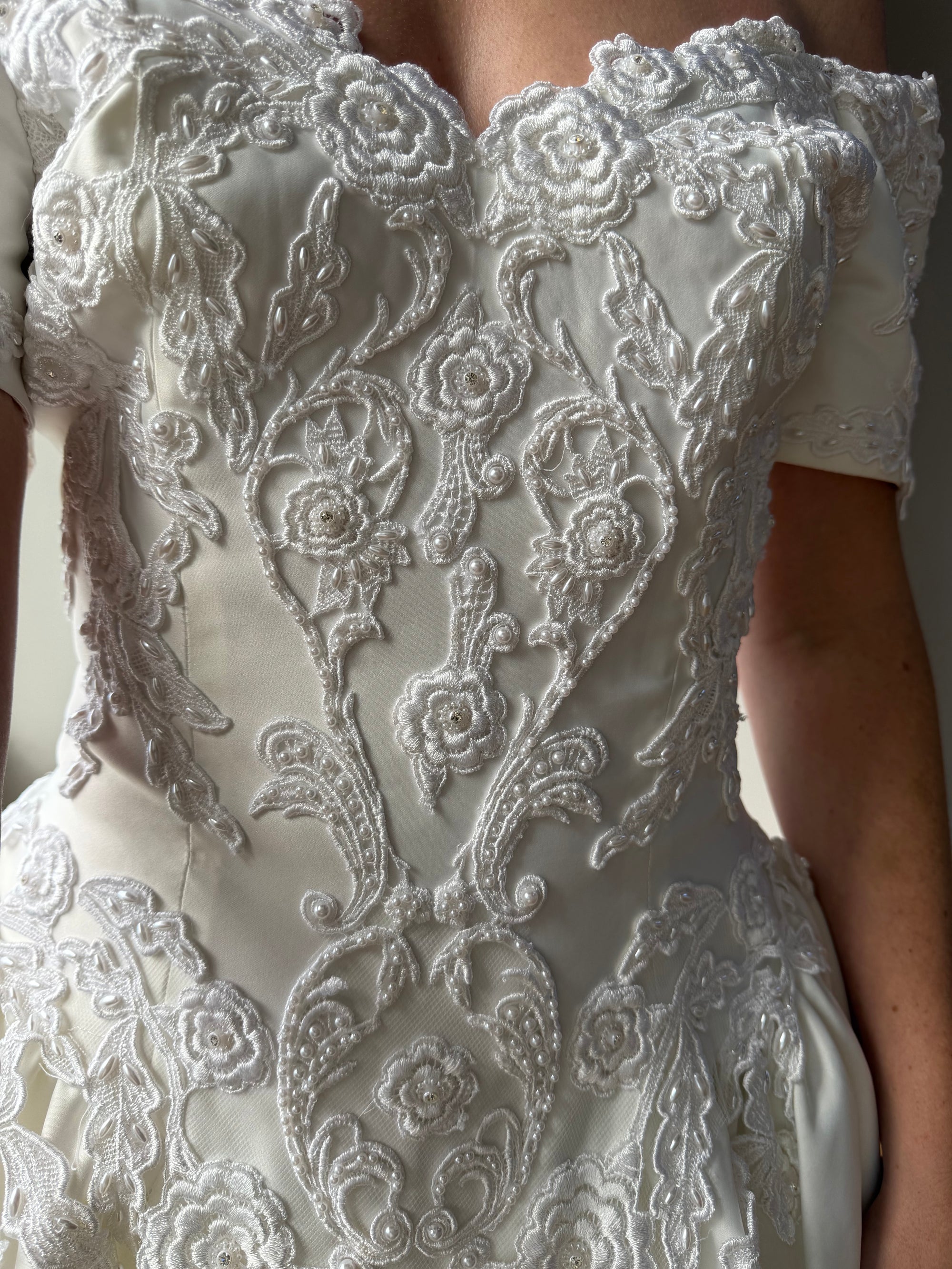 Vintage 90s Embellished Off Shoulder Satin Wedding Gown