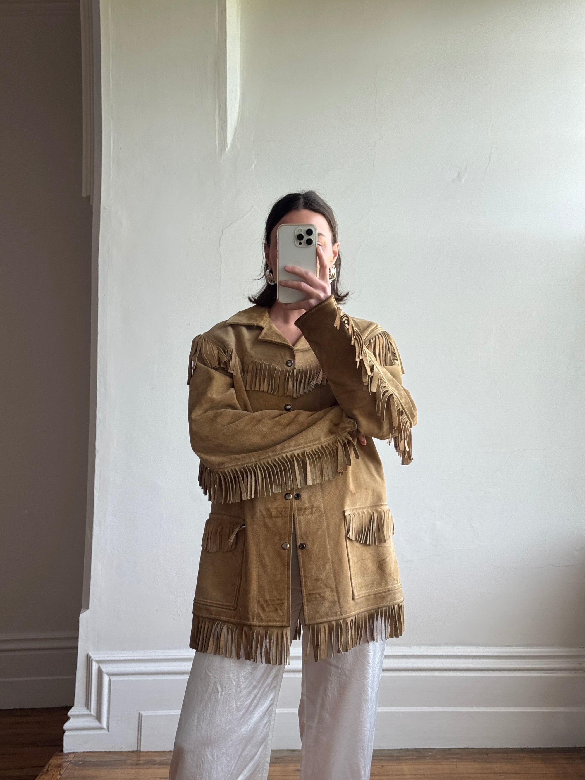 Vintage 70s Western Fringe Suede Leather Jacket Tan