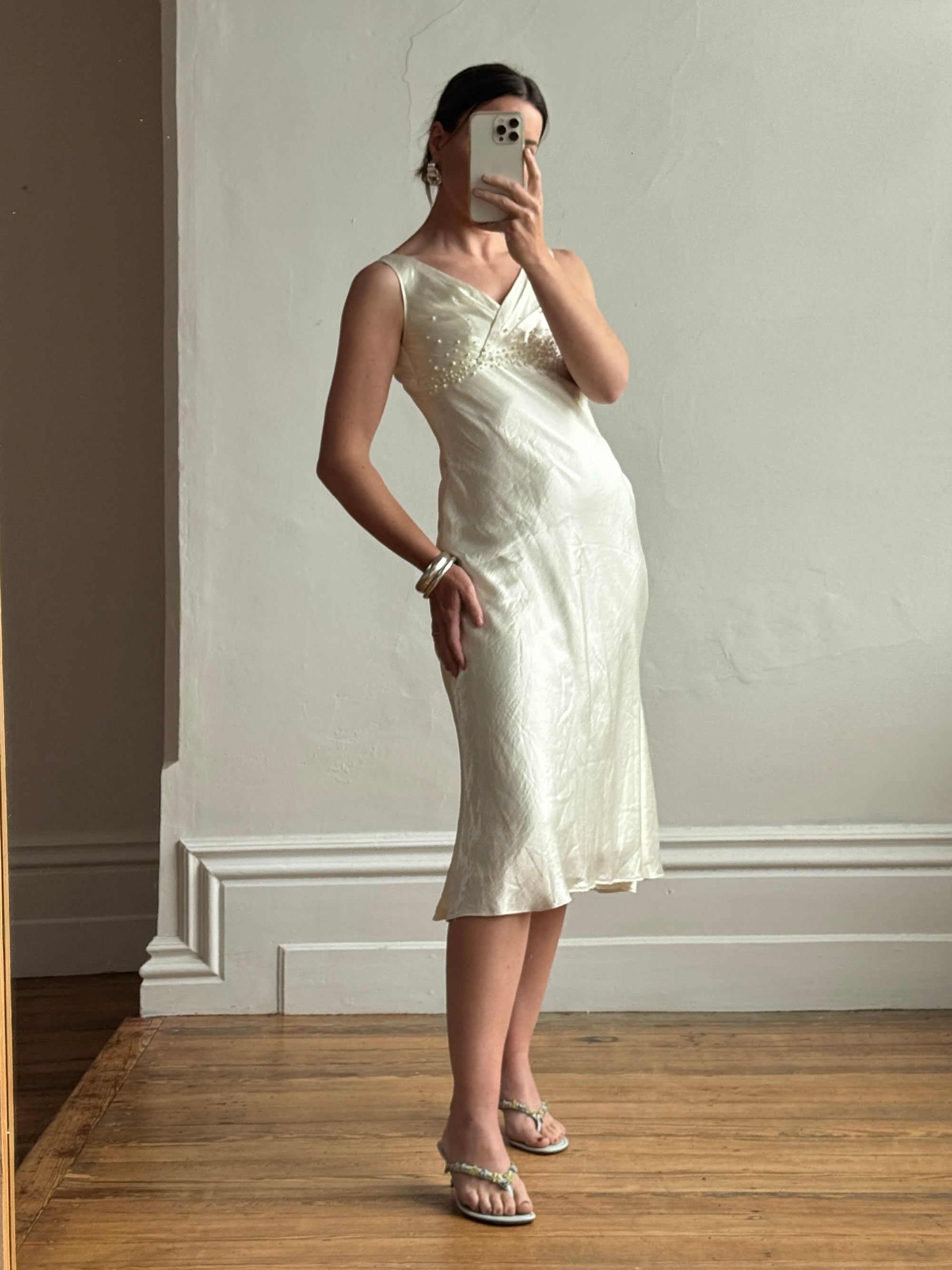 Vintage 90s Pearl Satin Bias Bridal Slip