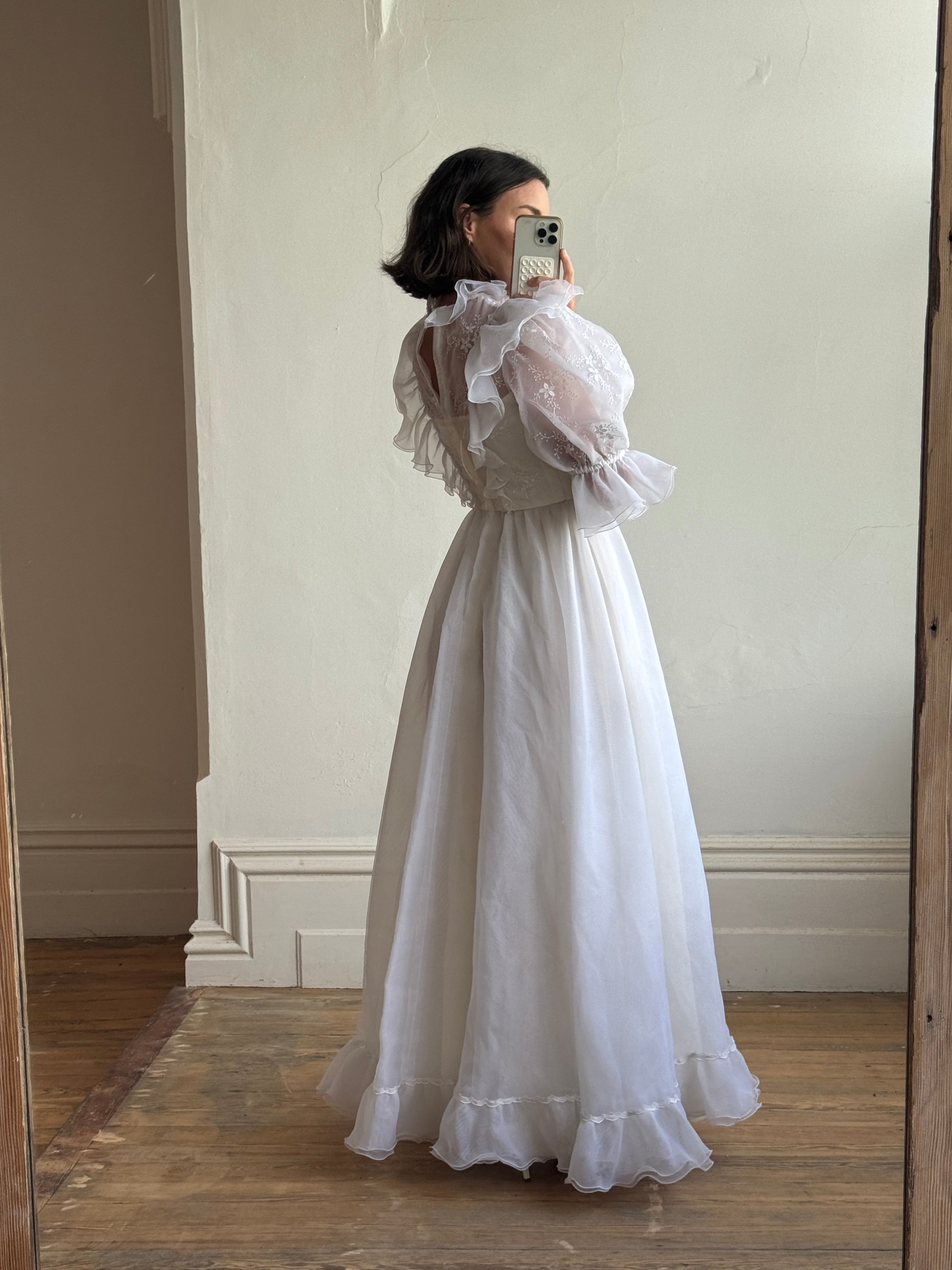 Vintage 80s Ruffled Sheer Organza Wedding Dress