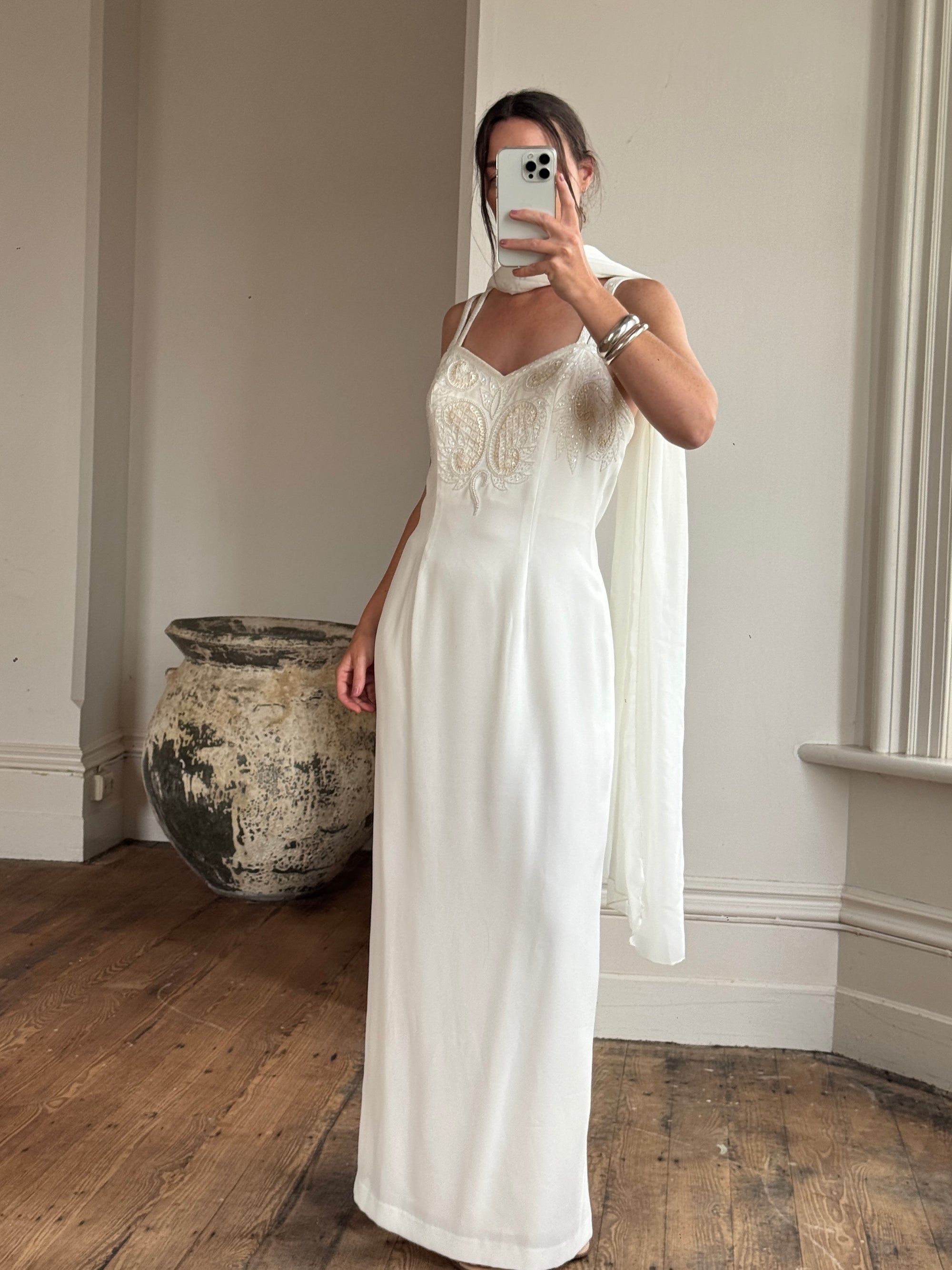 Vintage 90s Crepe Beaded Column Bridal Slip