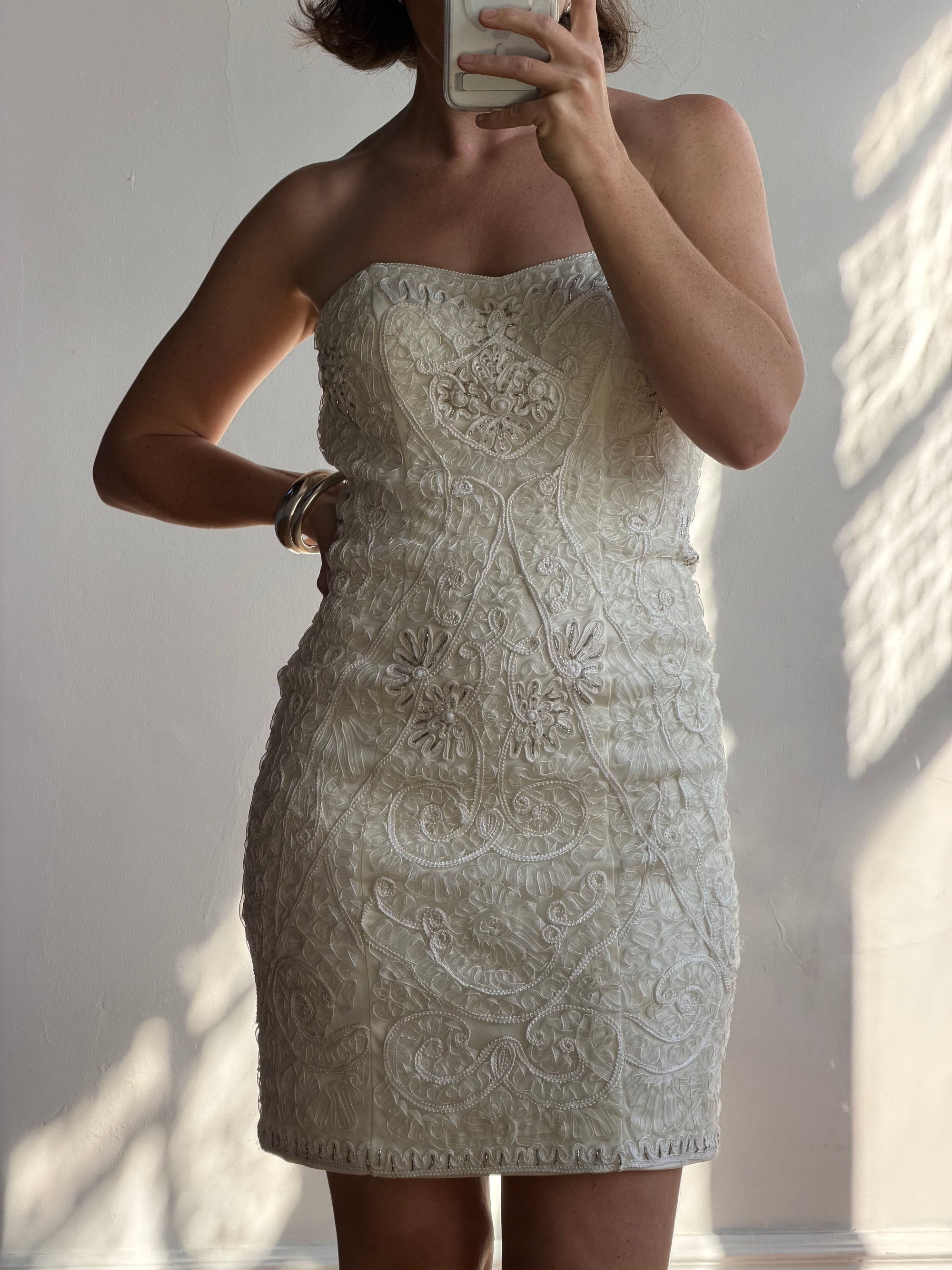 Vintage 90s Ribbon Crochet Embroidered Mini Dress