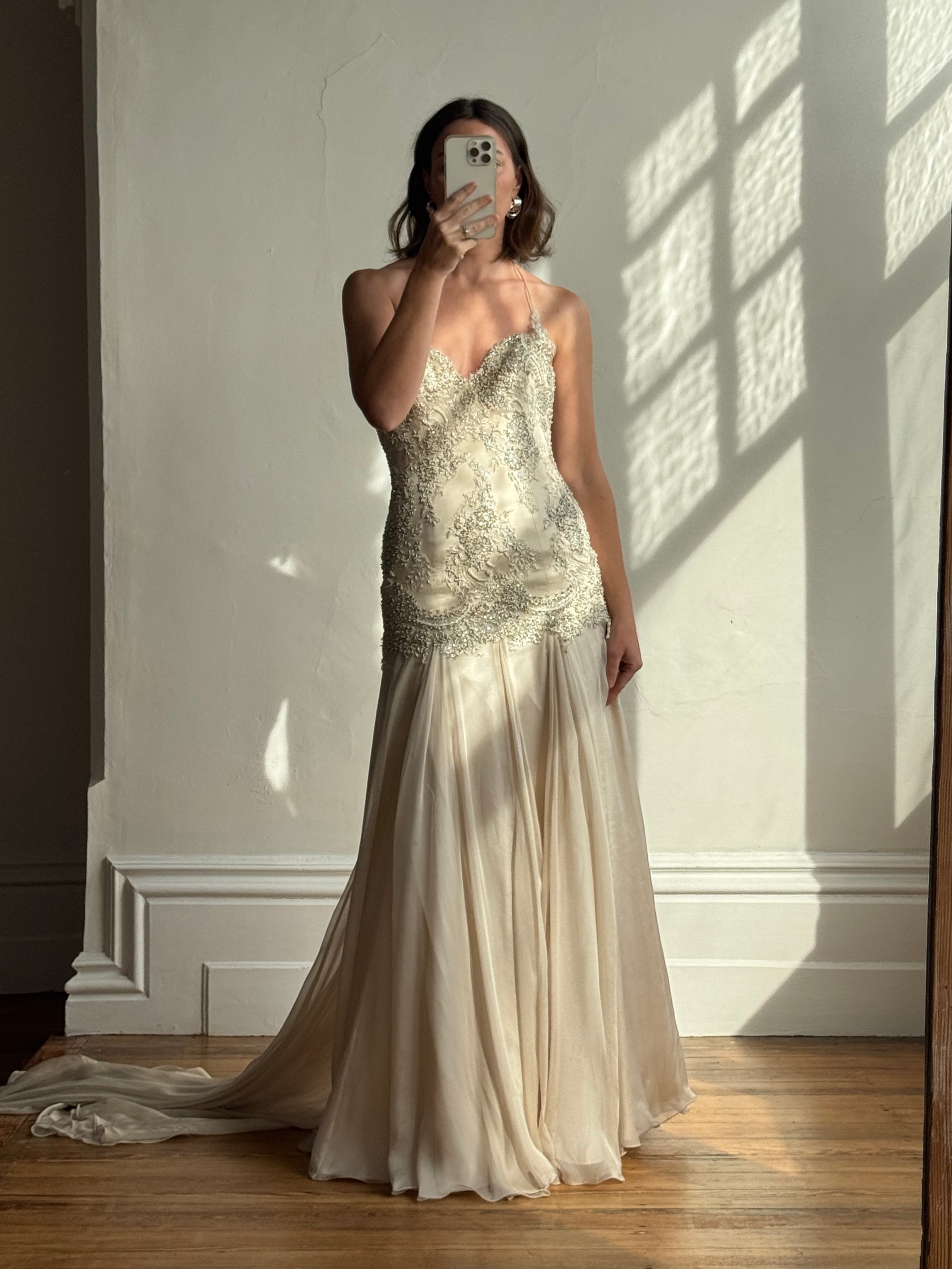 Vintage 90s Pure Silk Drop Waist Beaded Halter Gown with Cathedral Train