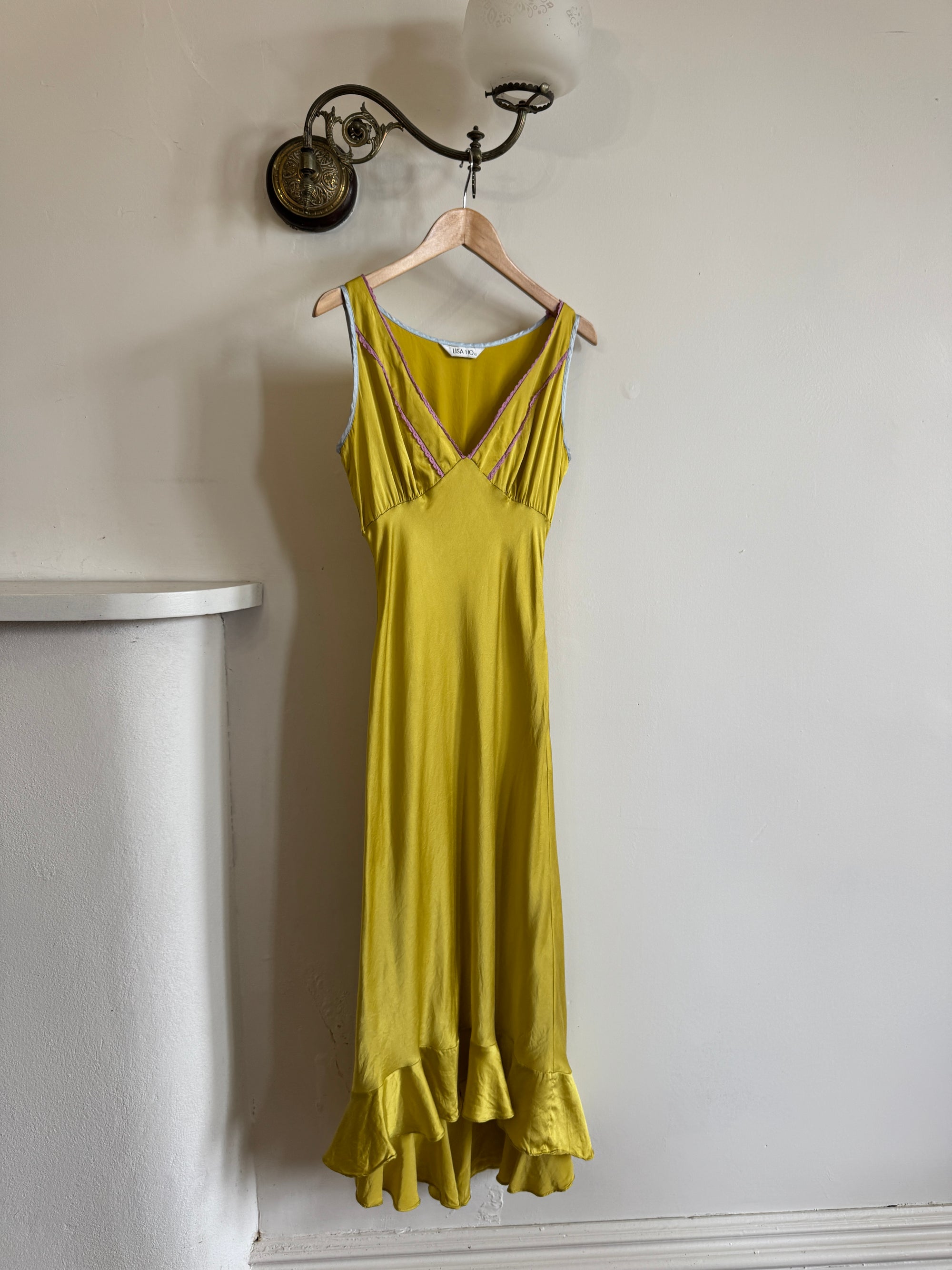 Vintage 90s Pure Silk Bias Midi Dress Chartreuse Multi