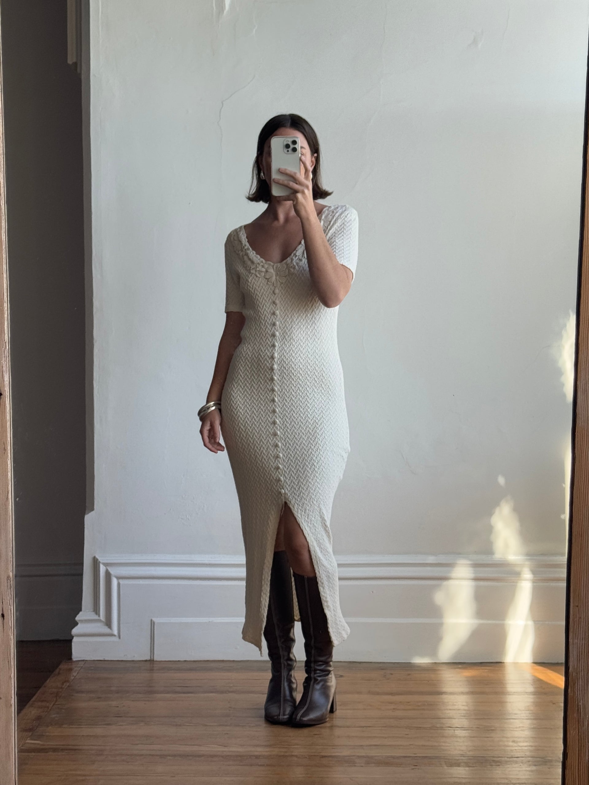 Vintage 90s Popcorn Short Sleeve Stretch Midi Ivory  Call Me The Breeze