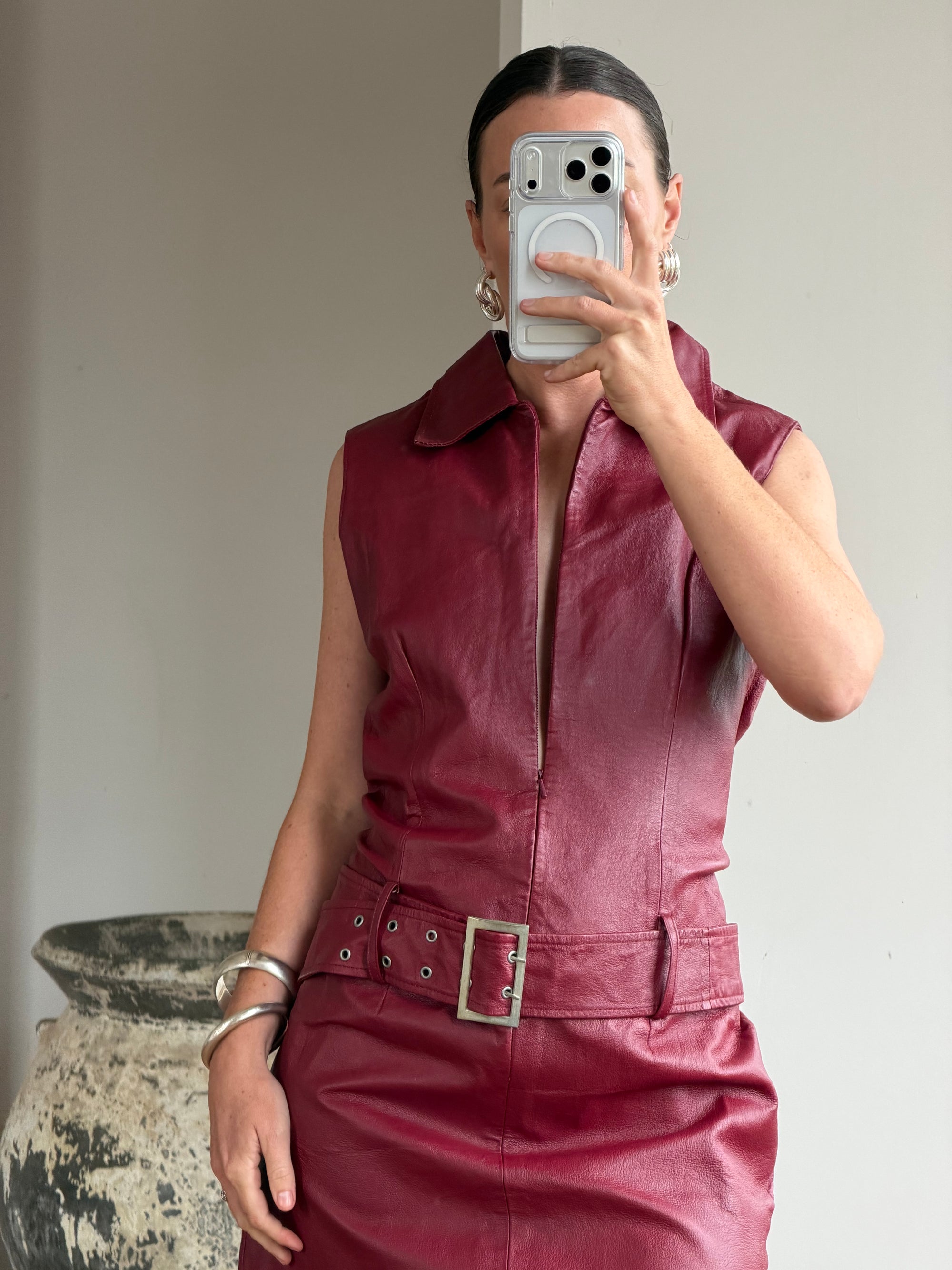 Vintage 90s Burgundy Leather Zip Front Dress