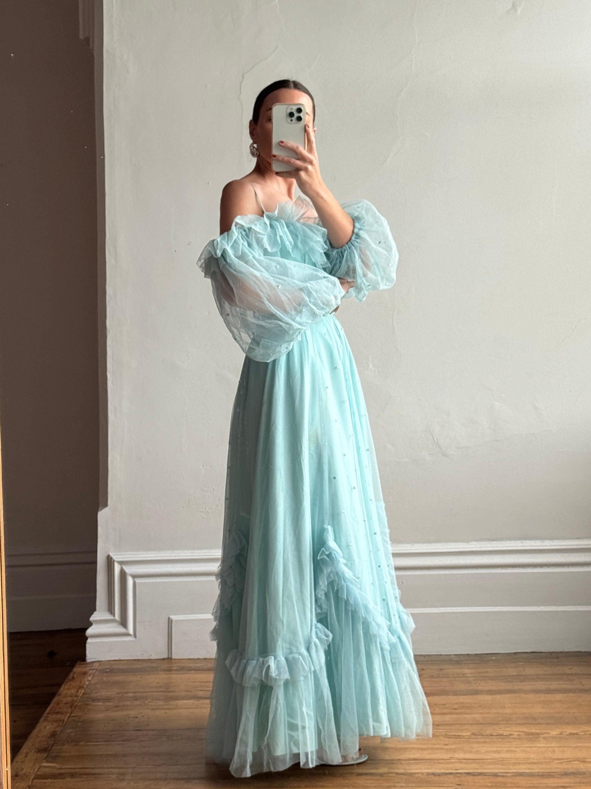 Vintage 80s Sky Blue Tulle Off Shoulder Party Dress