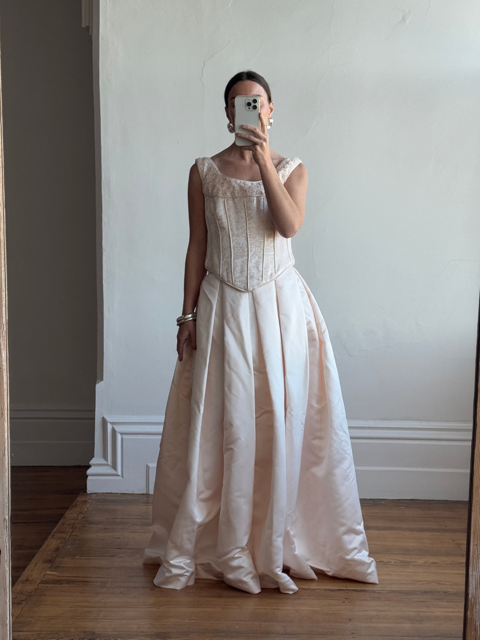 Vintage 90s Pale Pink Beaded Bridal Corset and Satin Princess Skirt Set