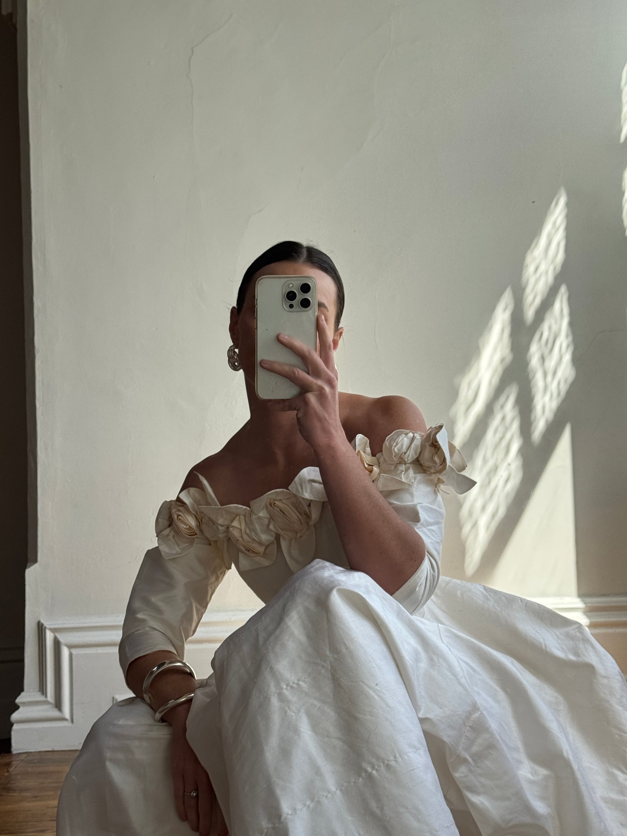 Vintage 80s Pure Silk Rosette Off Shoulder Gown