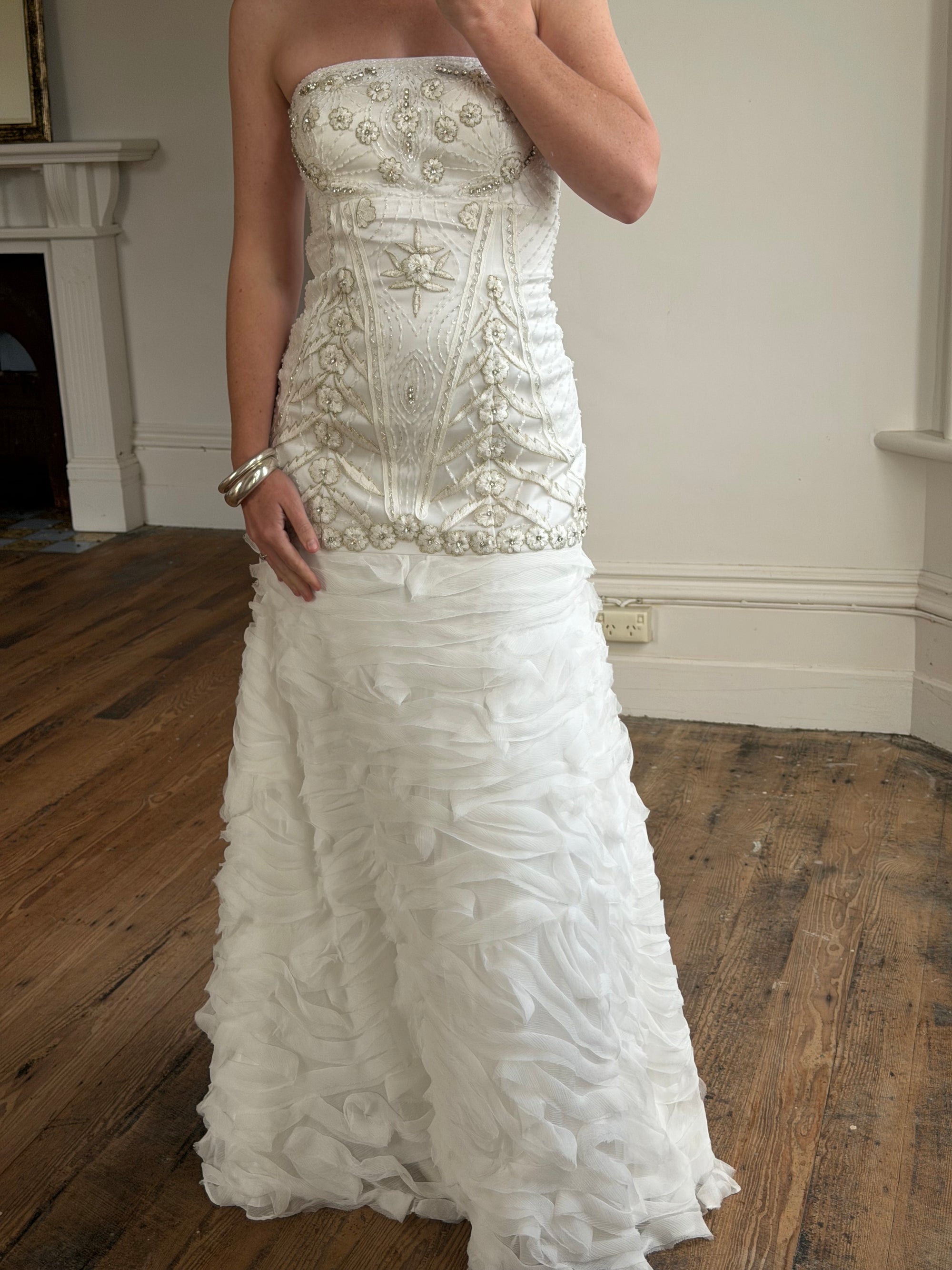 Vintage 90s Strapless Embellished Ruffled Wedding Gown