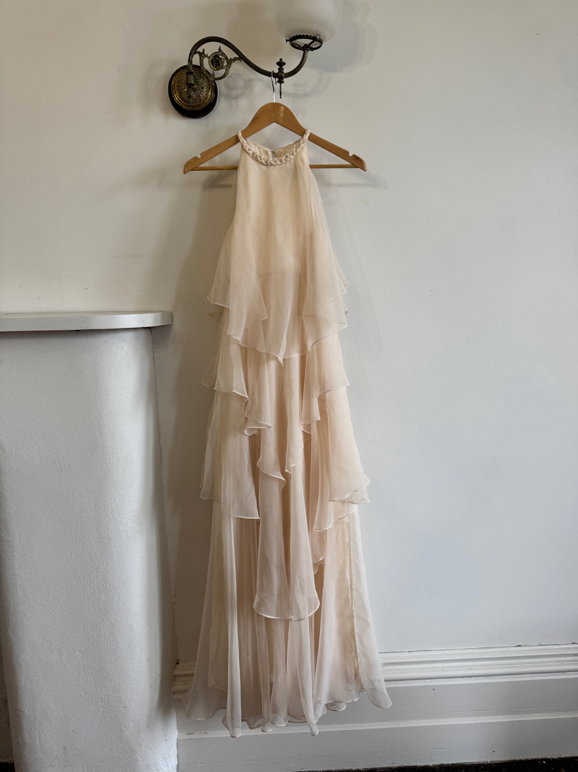 Vintage 70s Tiered Chiffon Wedding Dress Creme