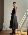 Vintage Scottish Wool Grey Plaid Pleated Midi Skirt