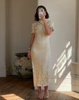 Vintage 90s Mandarin Collar Guipure Lace Midi Dress
