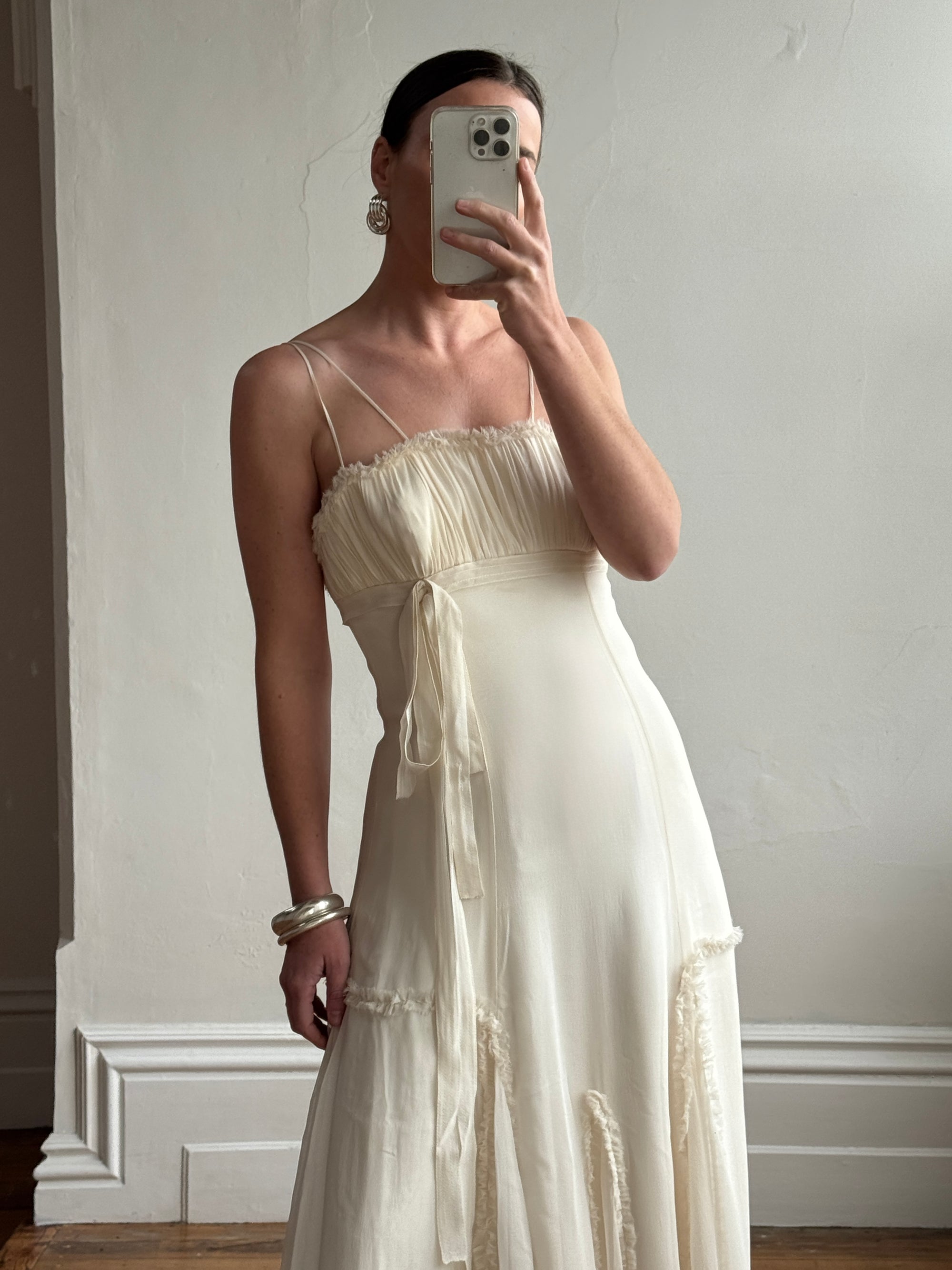Vintage 90s Silk Chiffon Empire Wedding Gown Creme