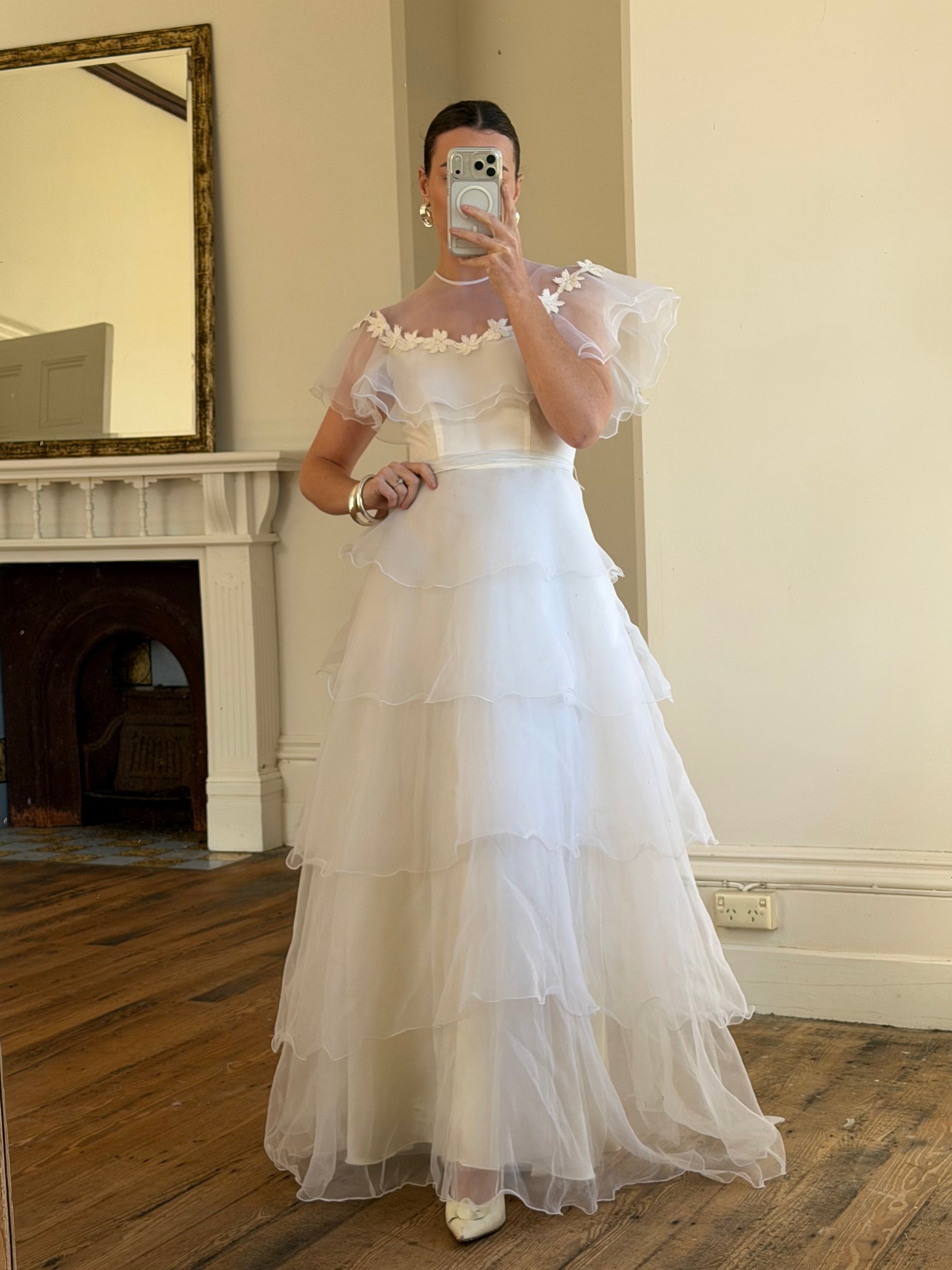 Vintage 70s Tiered Organza Prairie Daisy Wedding Dress