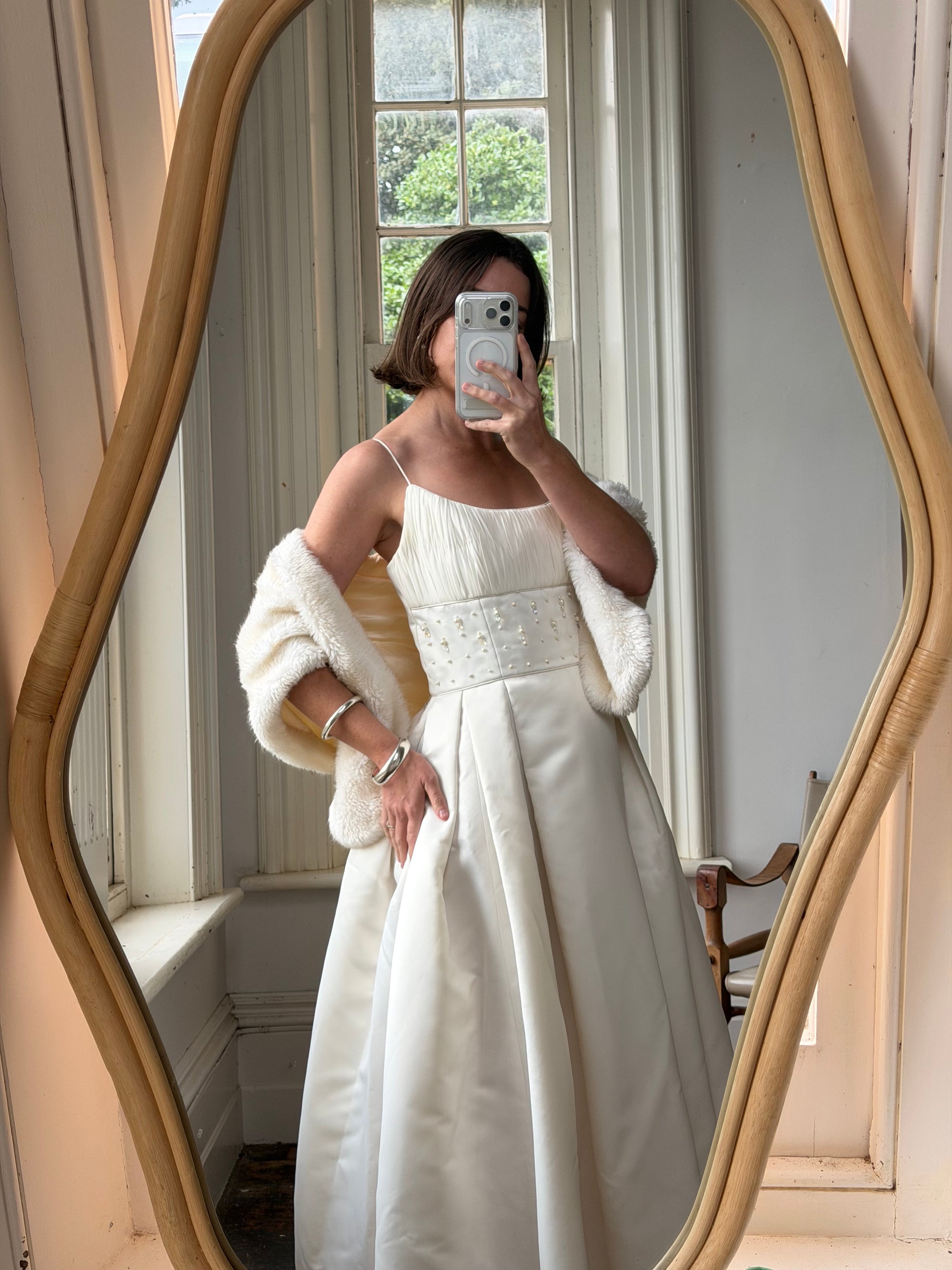 Vintage 90s Crystal Gathered Princess Satin Wedding Gown
