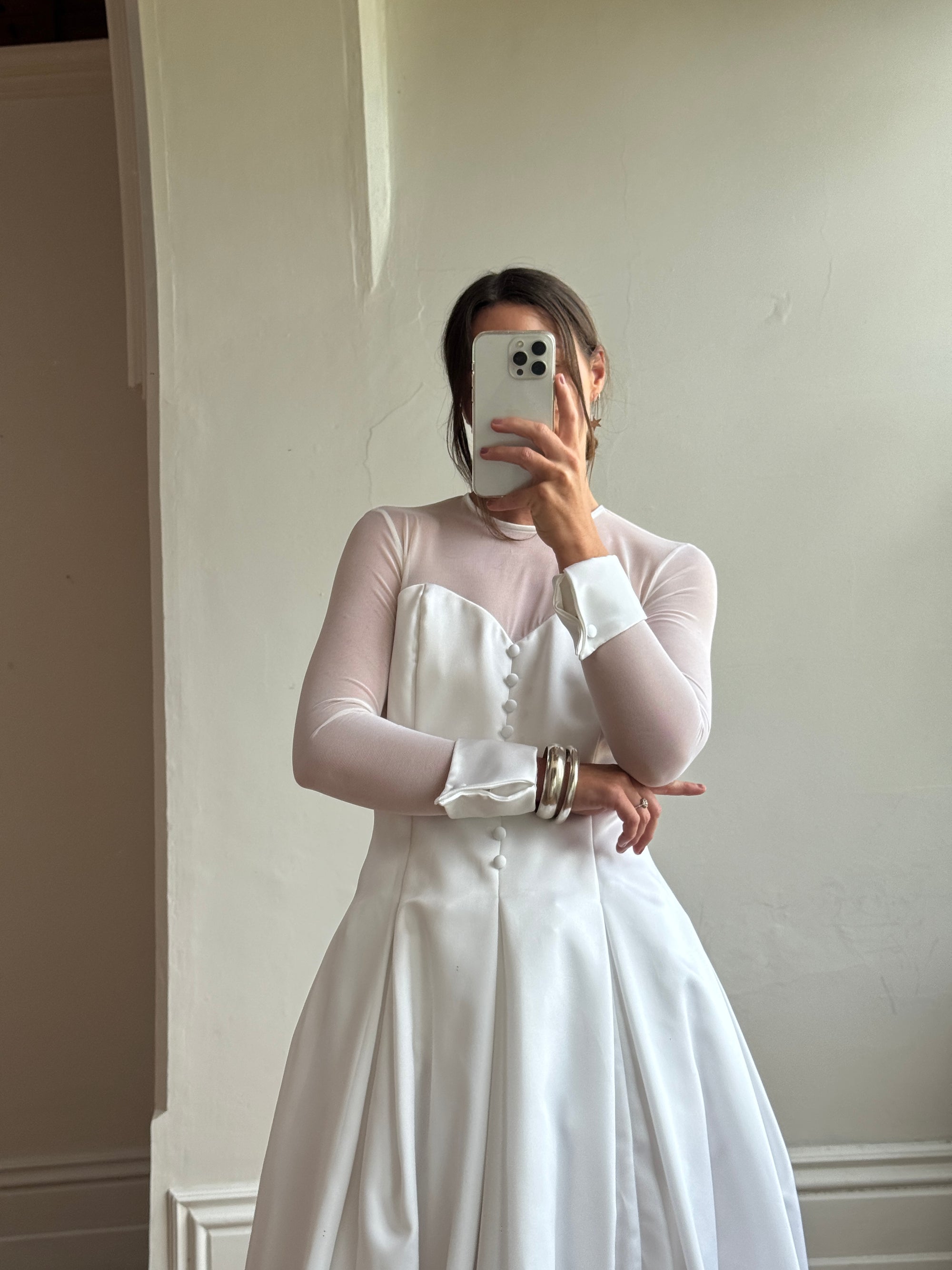 Vintage 90s Tailored Mesh Long Sleeved Wedding Gown