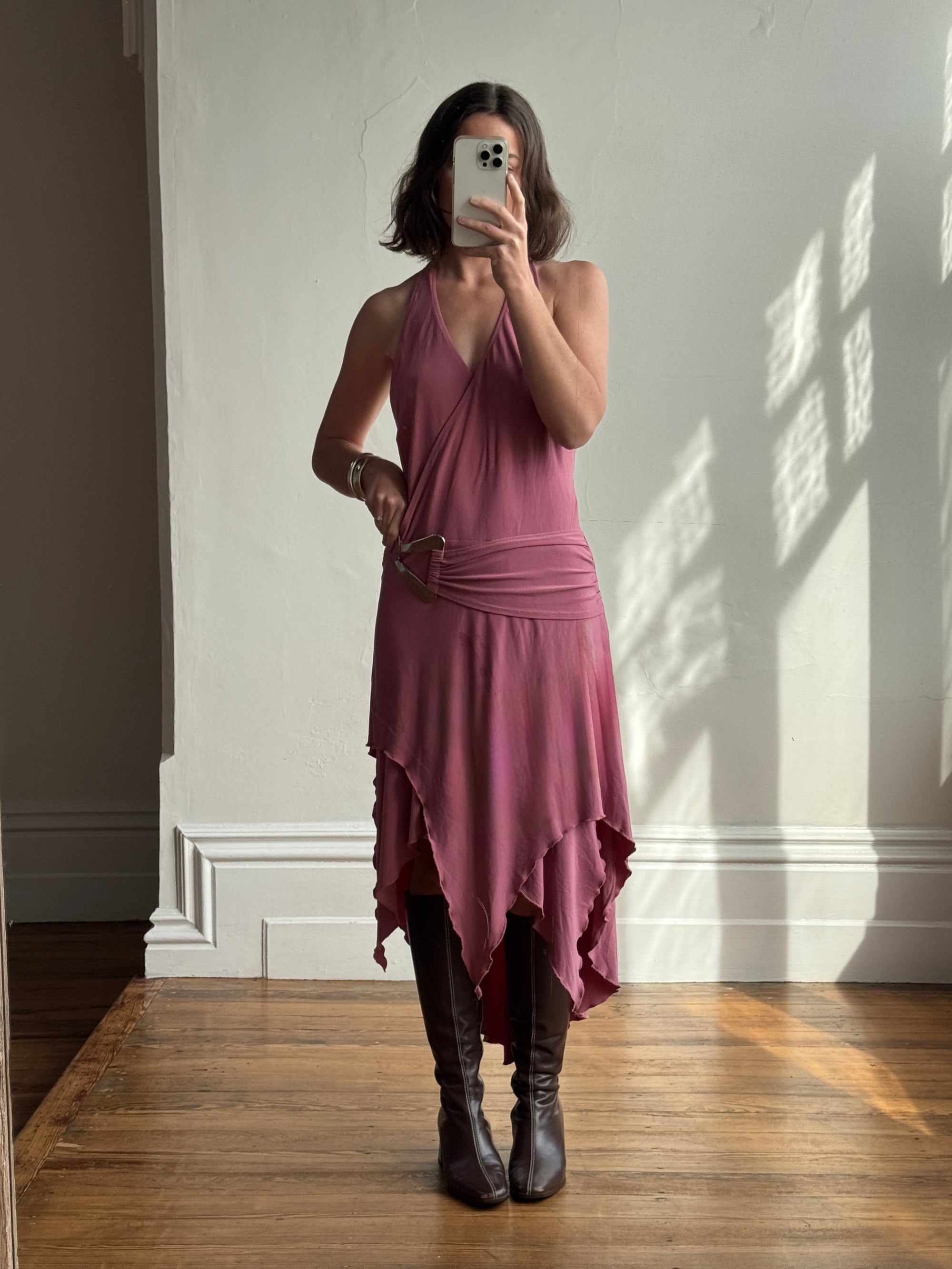 Vintage Y2K Australian Made Dusty Pink Jersey Dress With Silver Buckle