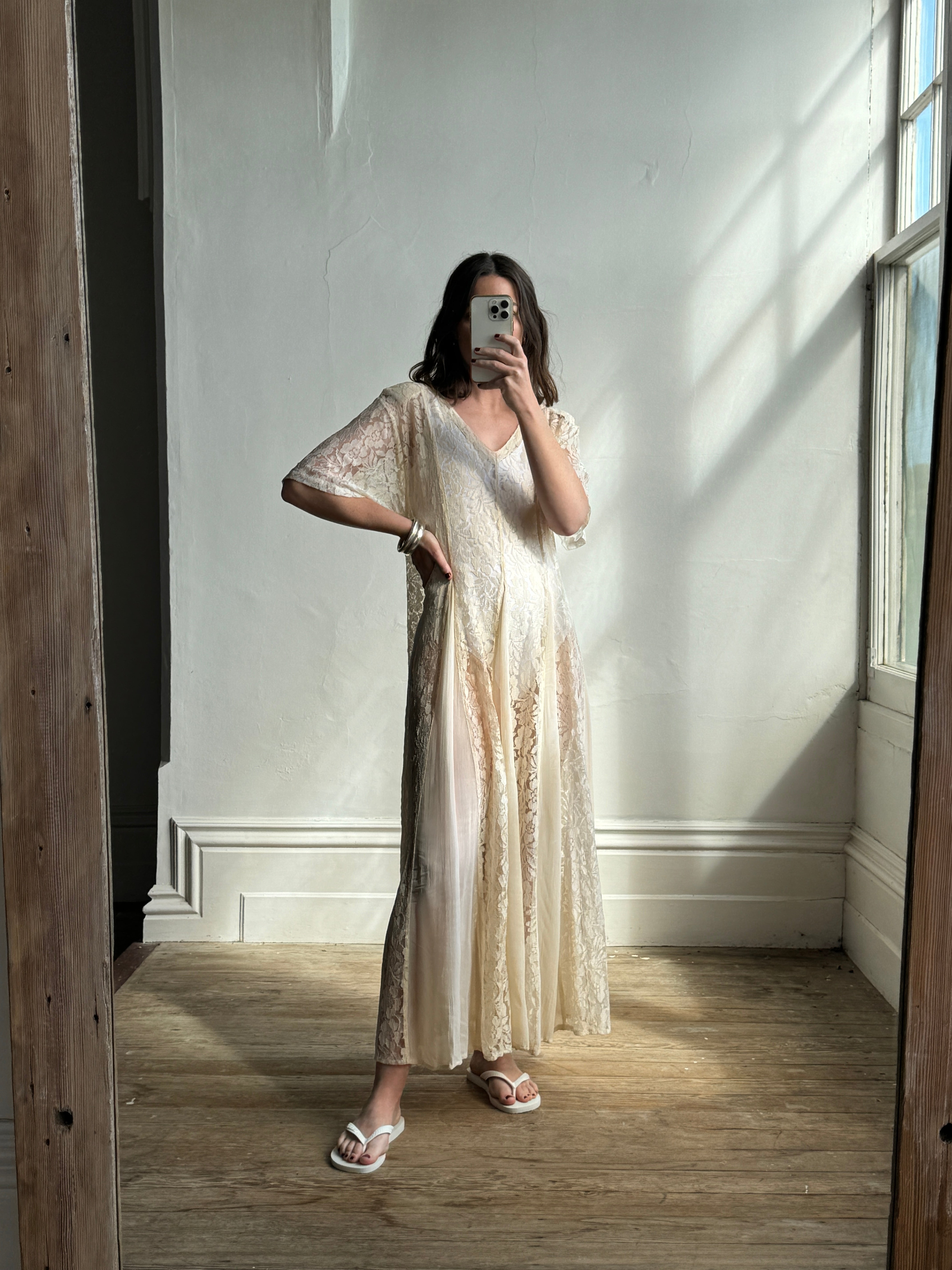 Vintage 80s Creme Pleated Lace Tee Dress