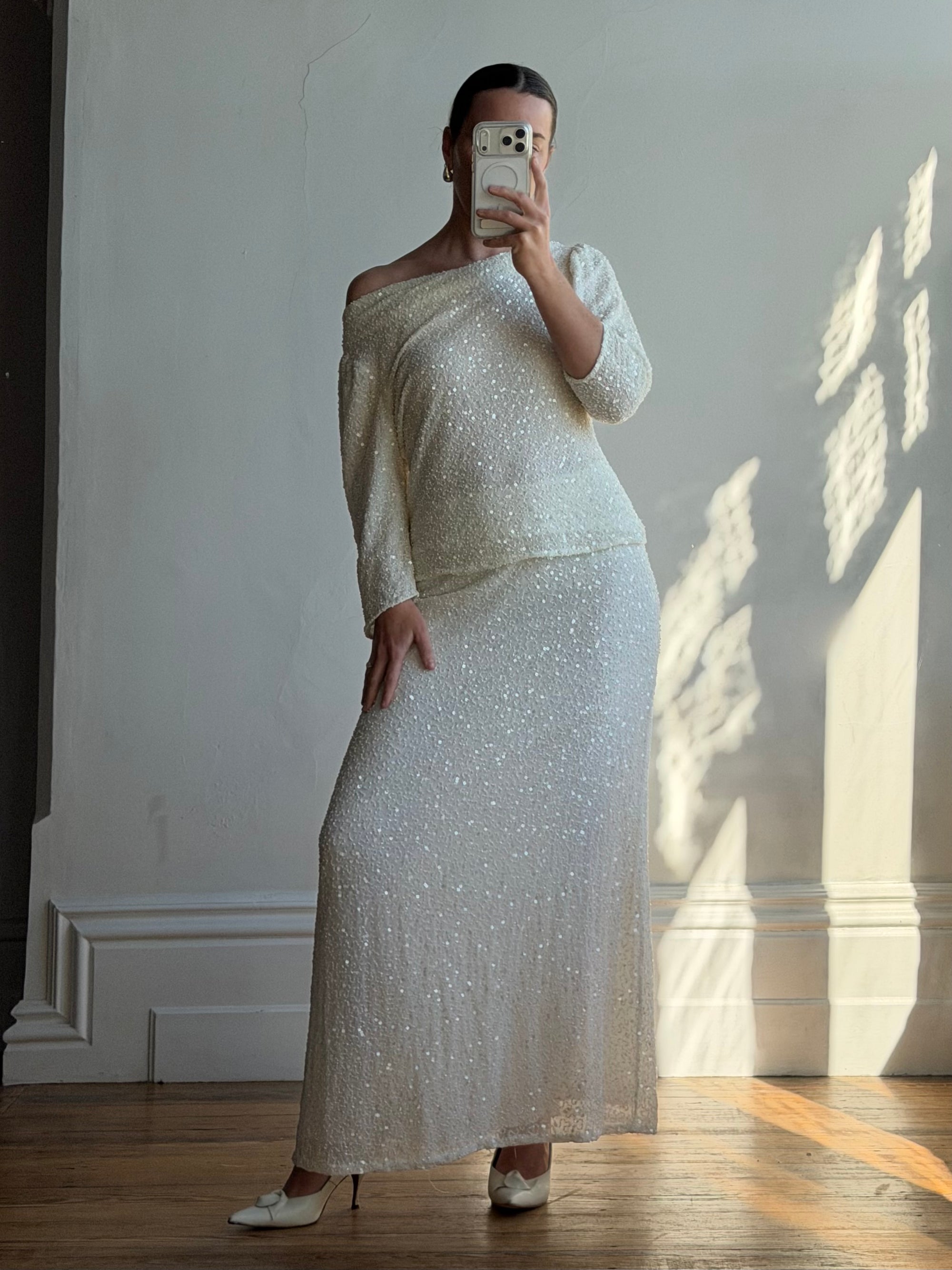 Vintage 80s Sequin Pure Silk Two Piece Bridal Set