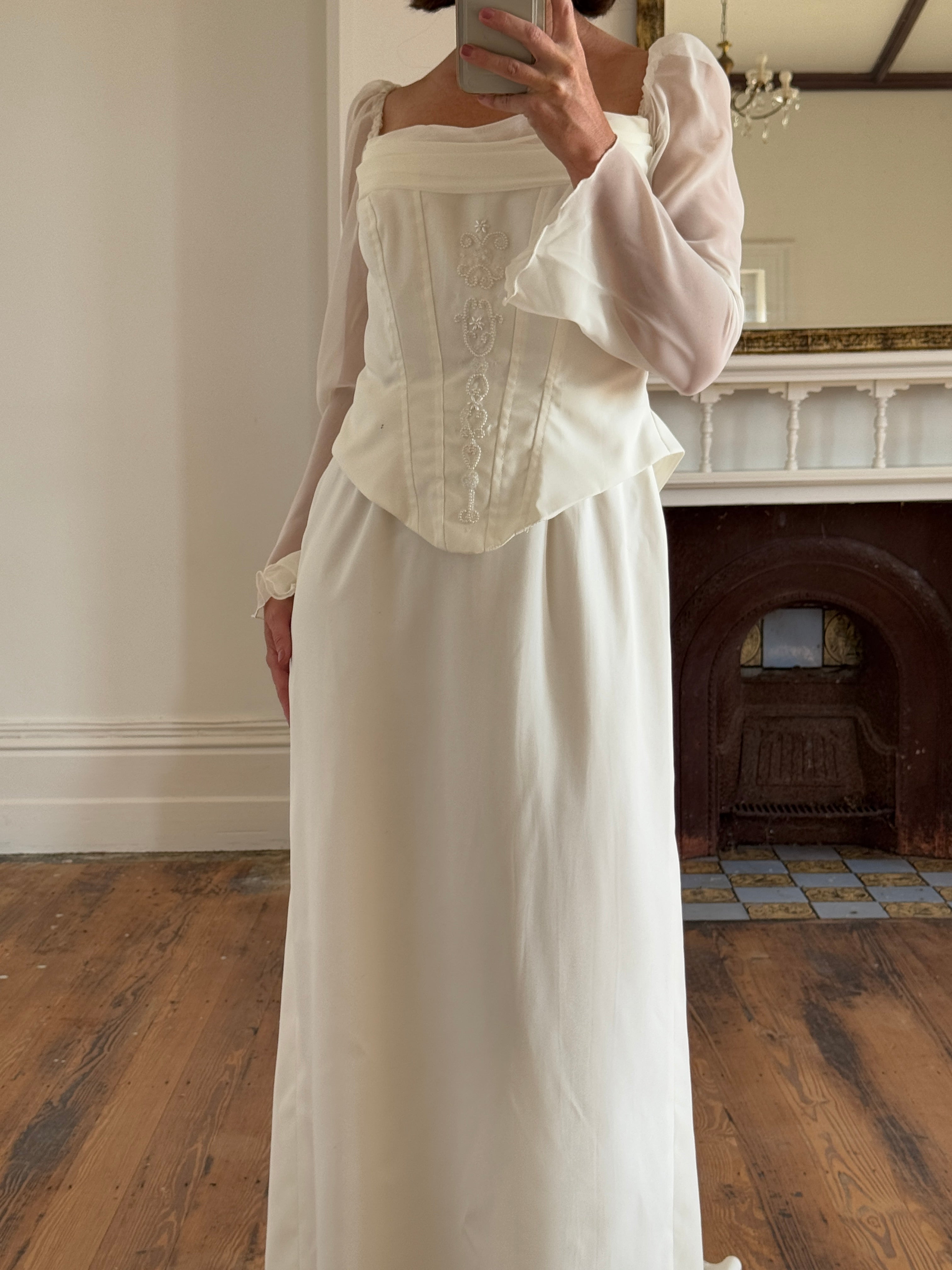 Vintage 80s Chiffon Sleeve Wedding Dress With Corset