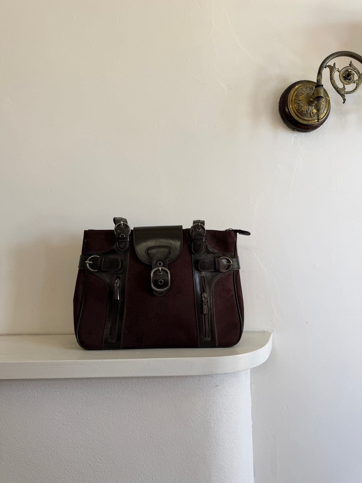 Vintage 90s Chocolate Suede Leather Buckle Handbag