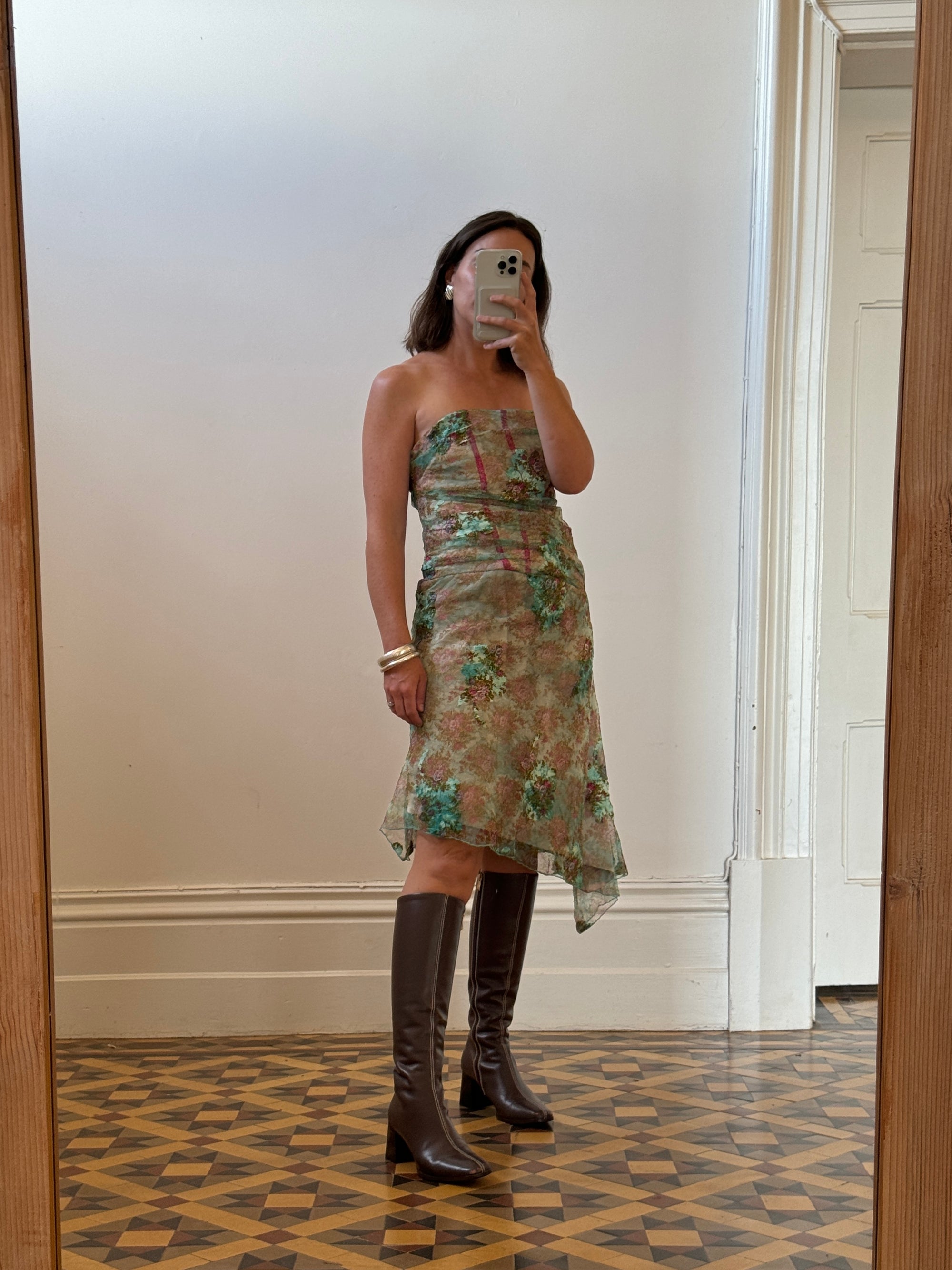 Vintage Y2K Teal Mesh Tapestry Corset Dress