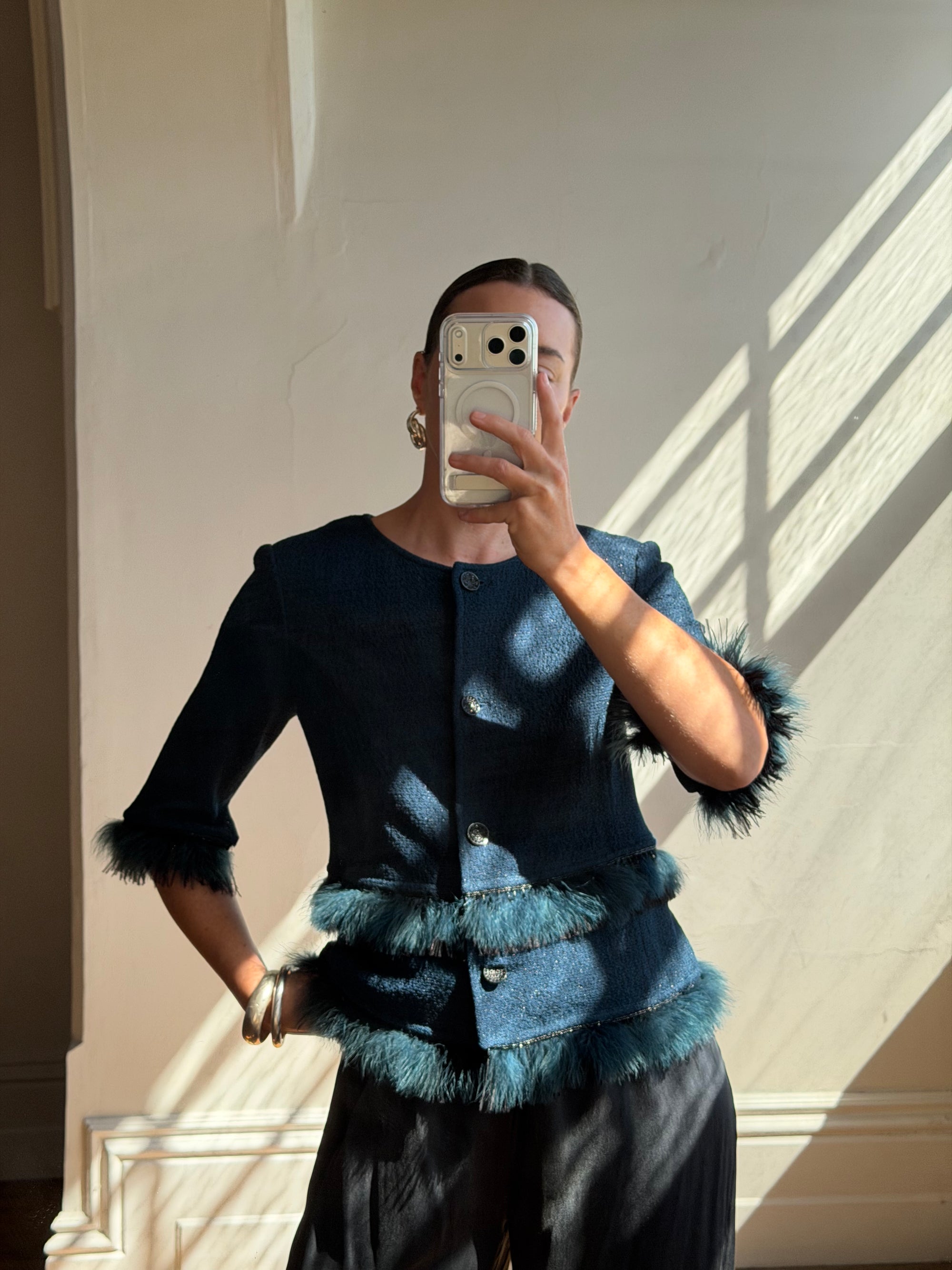 Vintage 90s Couture Ostrich Feather Jacket Navy