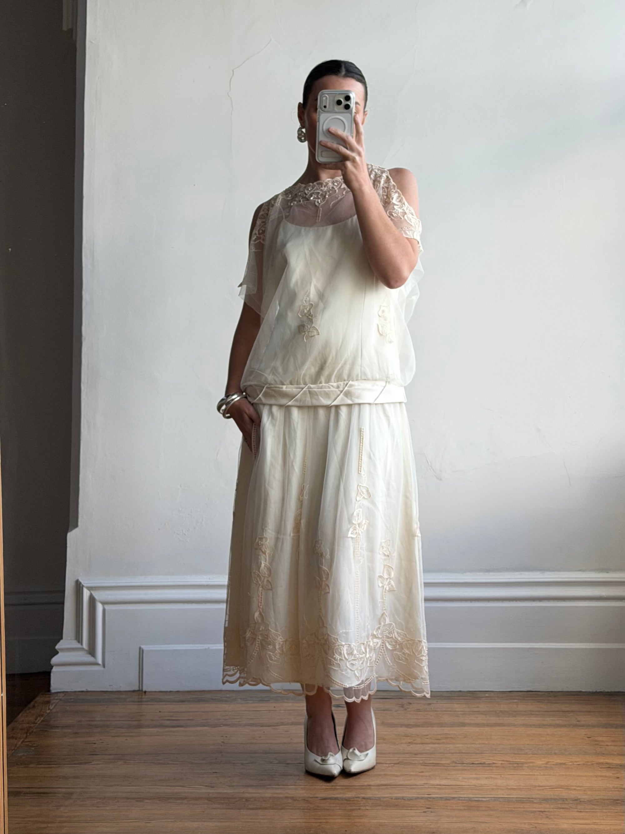 Vintage 80s Drop Waist Floral Sheer Midi Dress Creme