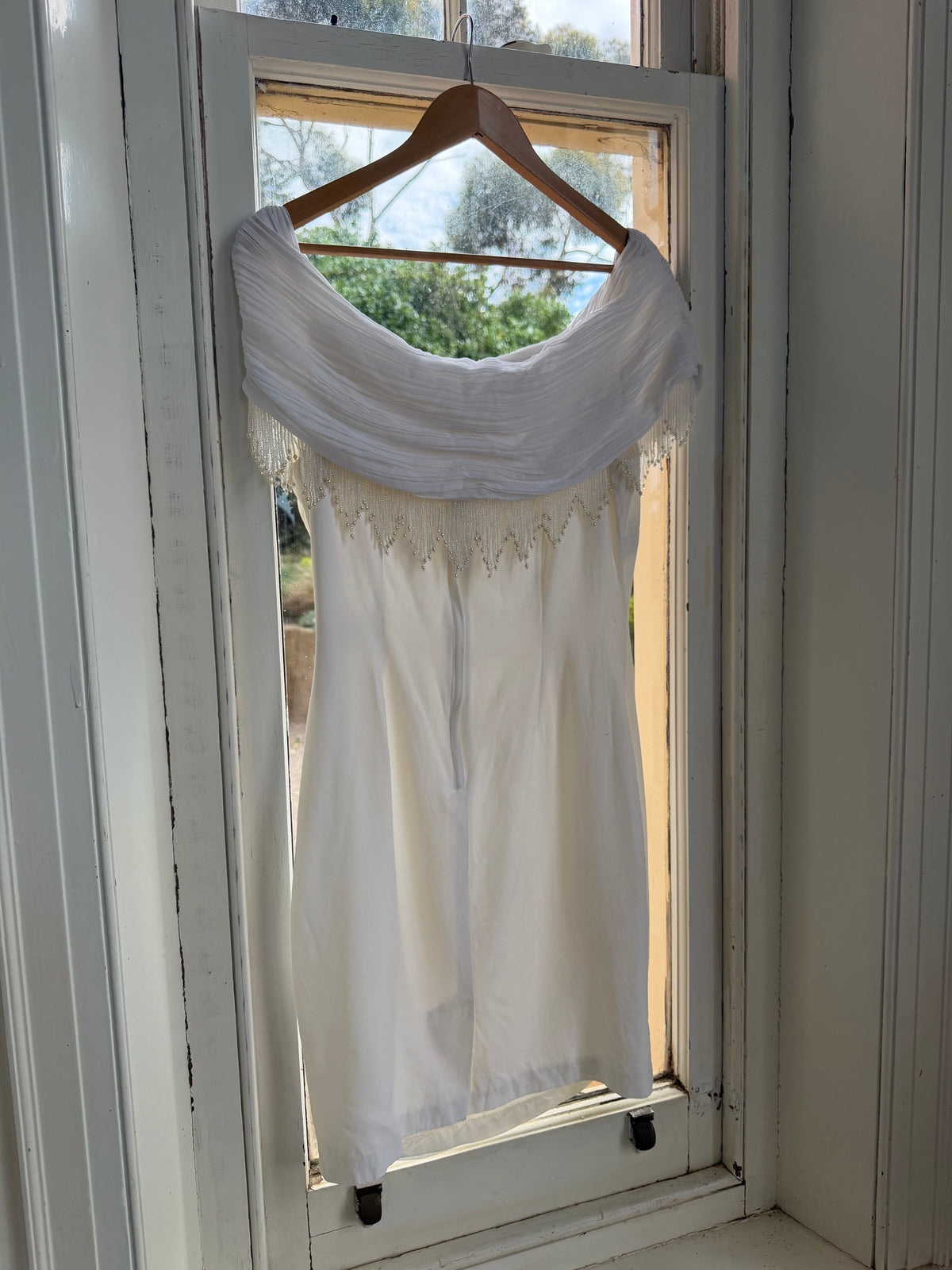 Vintage 90s White Pleated Beaded Fringe Mini Dress