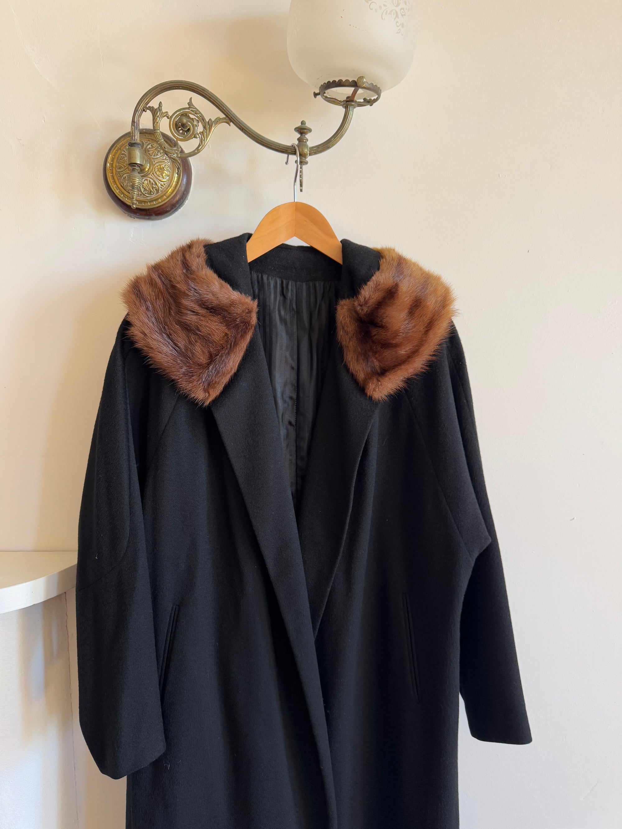 Vintage 60s Noir Pure Wool Mid Length Overcoat with Fur Collar
