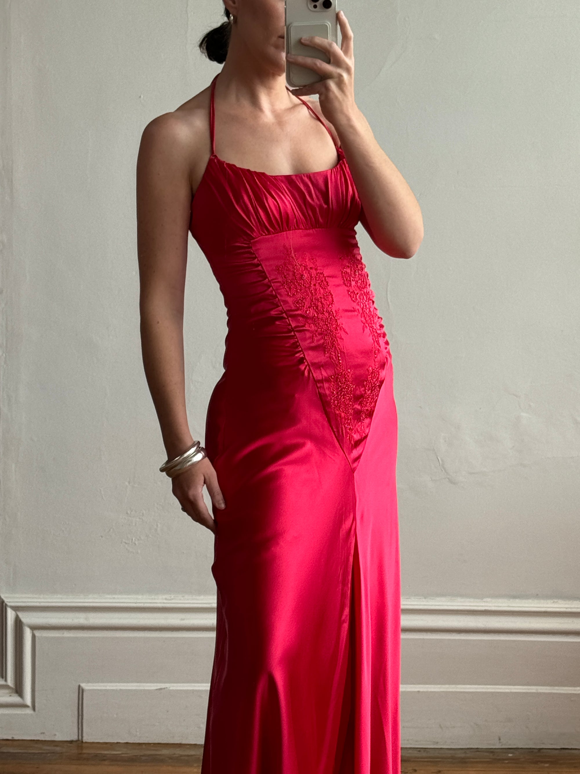 Vintage 90s Pure Silk Beaded Halter Gown Lipstick Red