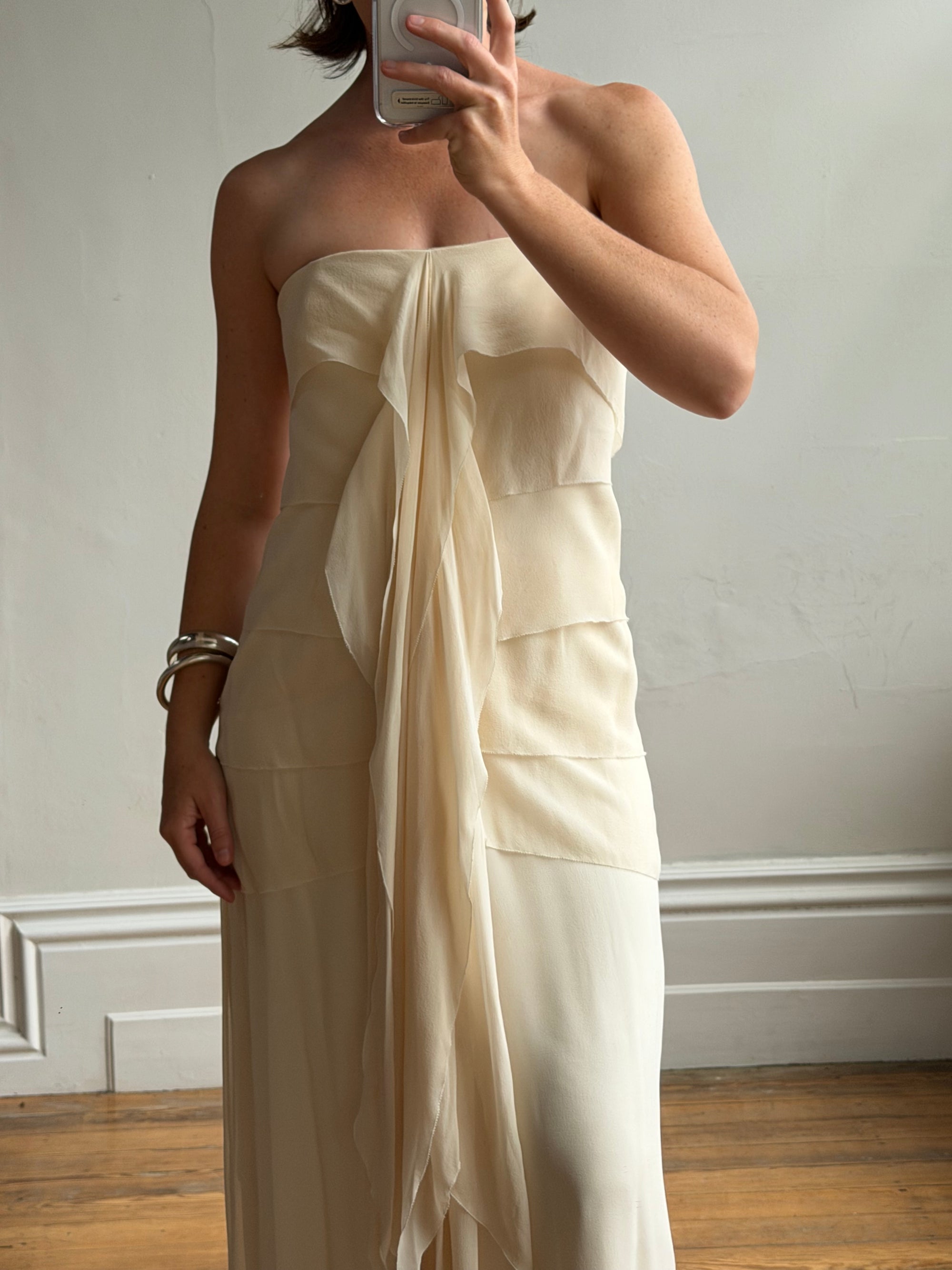 Vintage 90s Pure Silk Waterfall Strapless Bridal Gown