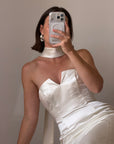 Vintage 90s Satin Strapless Bridal Midi With Neck Tie