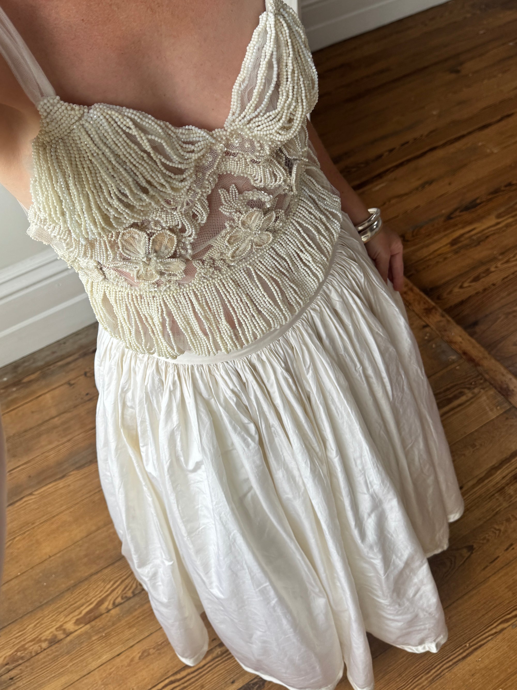 Vintage 90s Two Piece Tulle Beaded Top and Princess Silk Satin Skirt