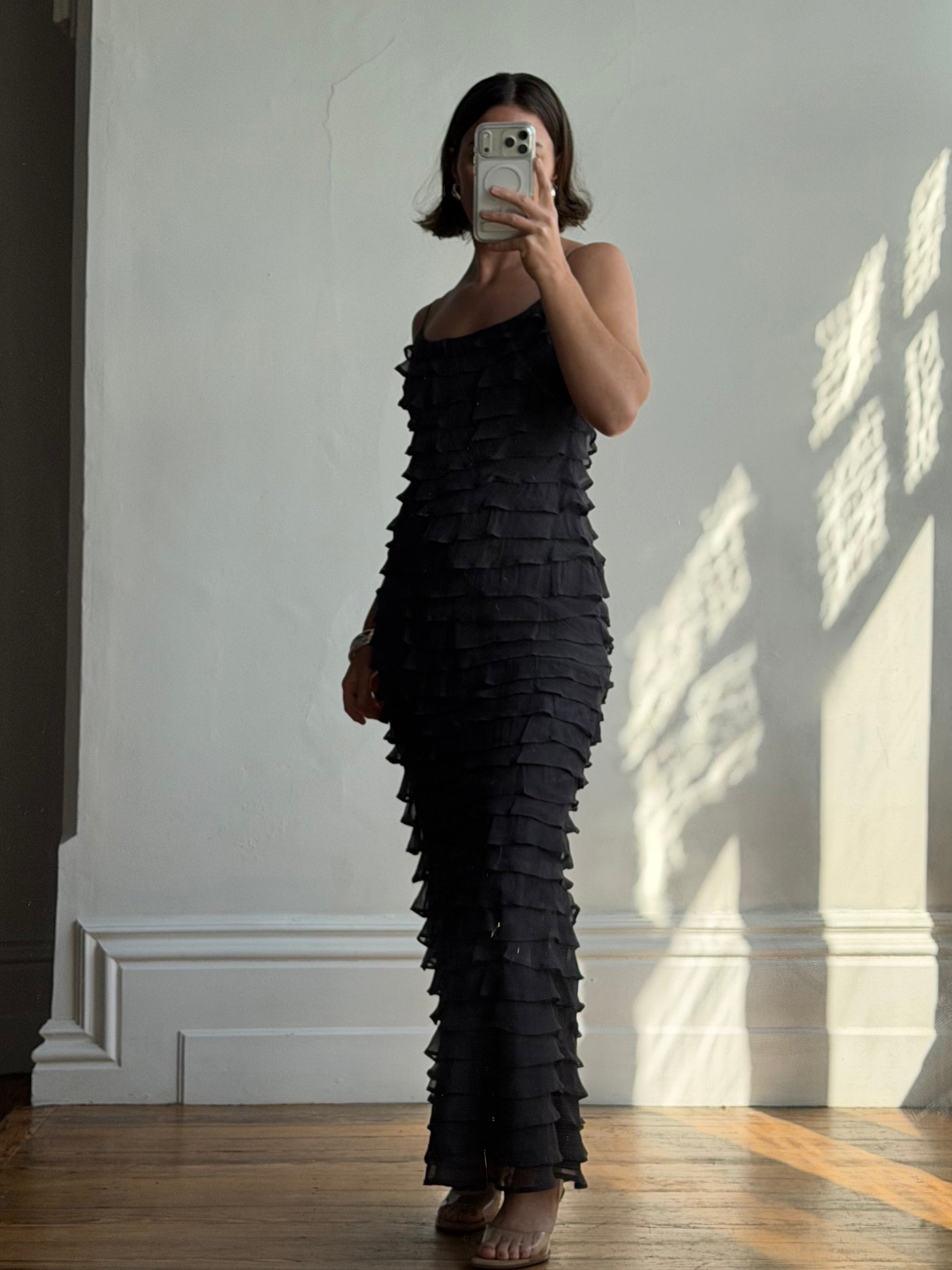 Vintage 90s Pure Silk Tiered Ruffle Dress Navy